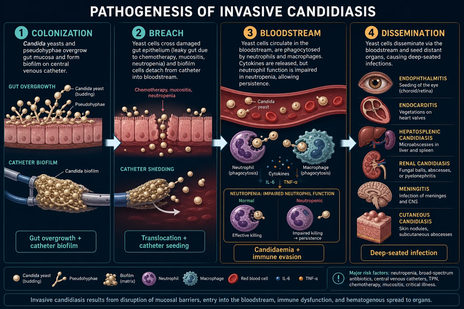 Mechanism infographic: gut overgrowth and catheter biofilm to translocation and bloodstream seeding to dissemination to eye, heart, liver, bone, CNS