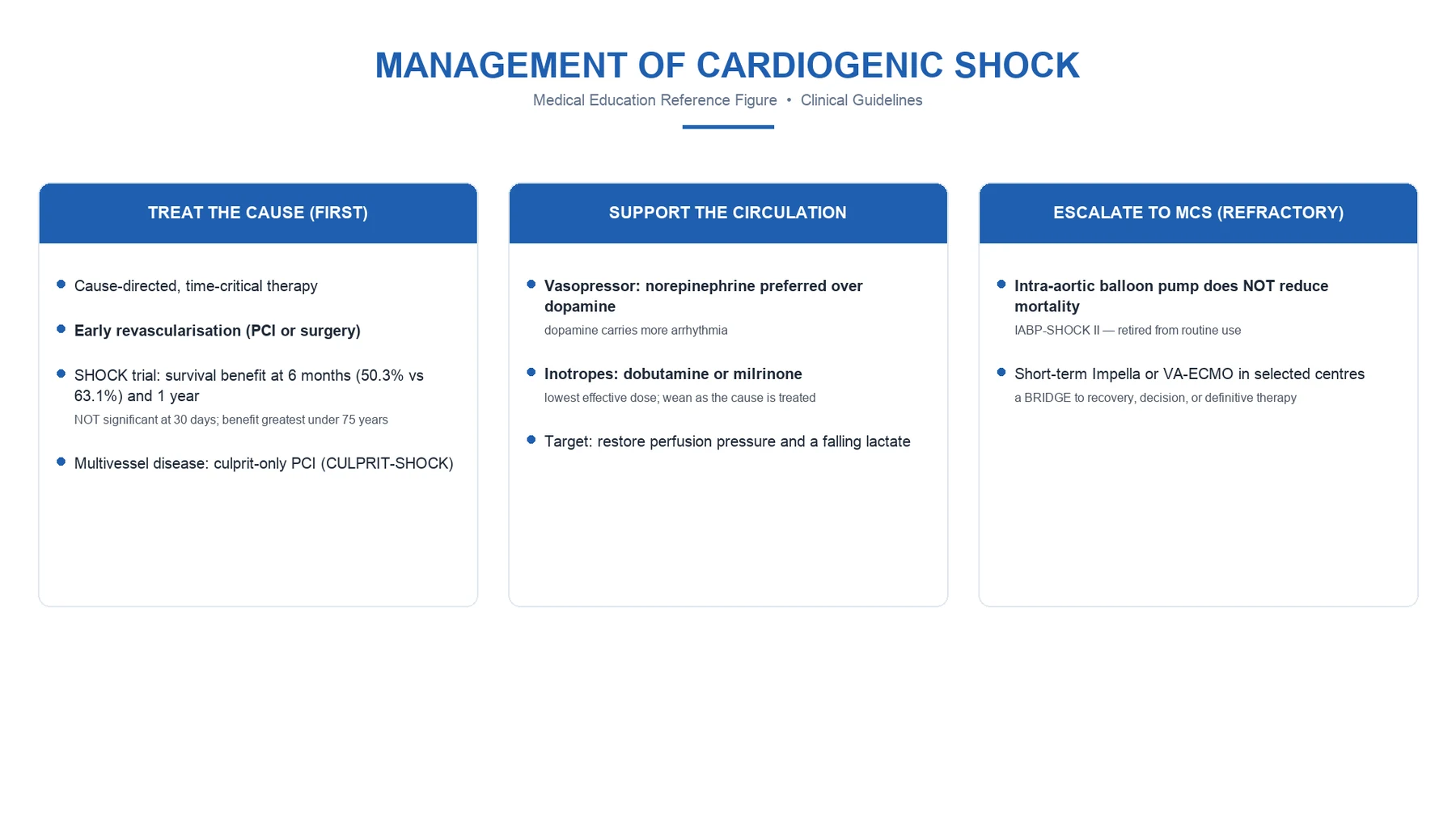 Management algorithm infographic showing the shock funnel — escalation from inotropes to mechanical circulatory support to definitive therapy