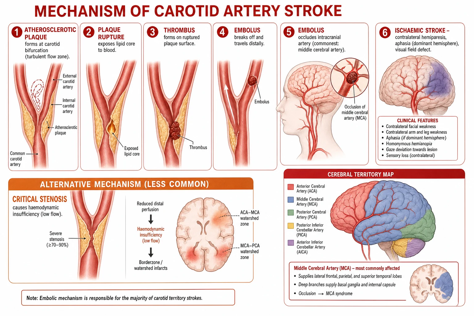 Mechanism of carotid stroke: plaque formation, rupture, embolisation, MCA occlusion.