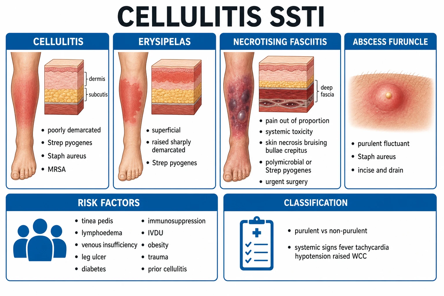 Clean infographic: cellulitis vs erysipelas vs necrotising + risk factors + purulent vs non-purulent axis