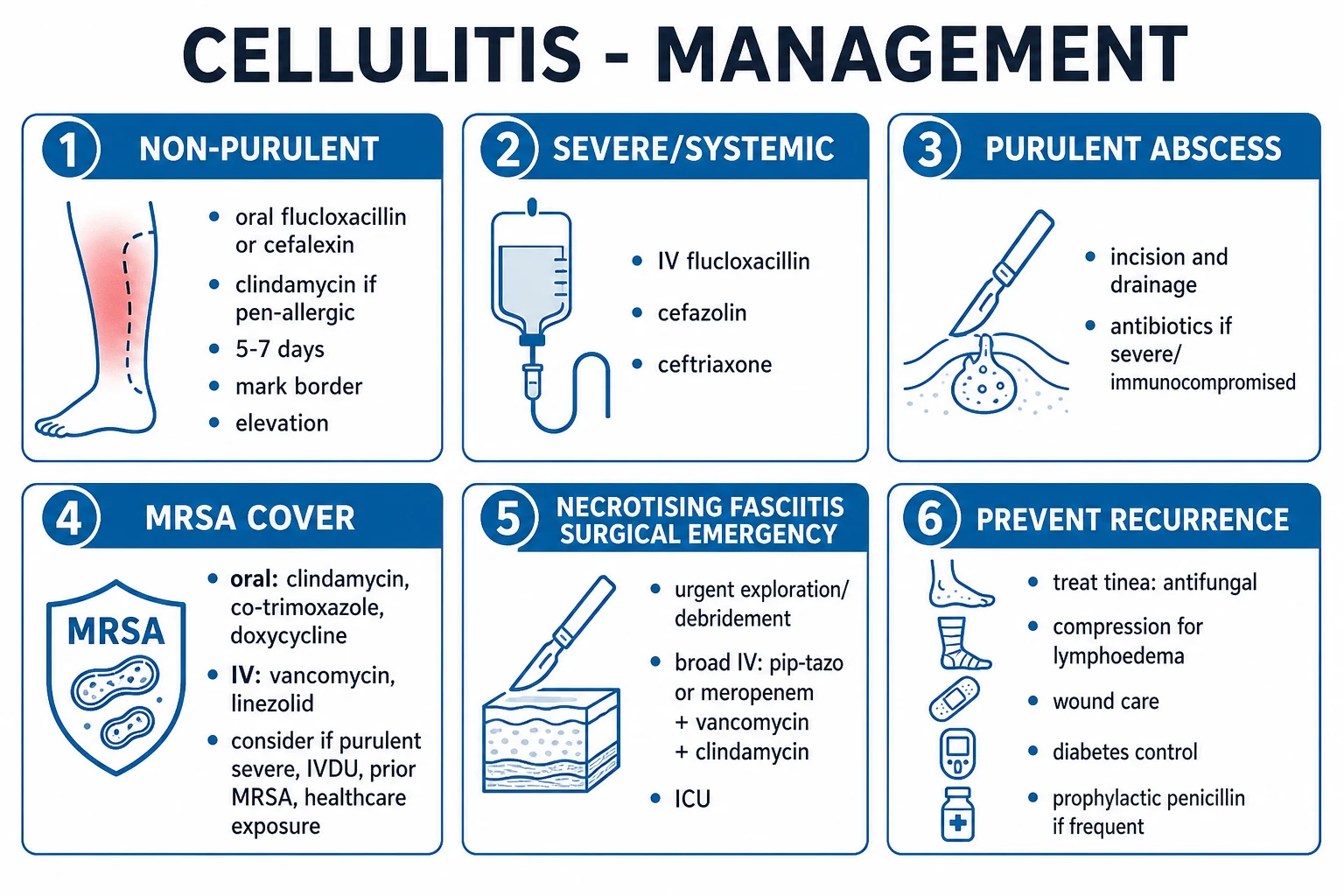 Clean management infographic: purulent vs non-purulent treatment + MRSA cover + severity tiers