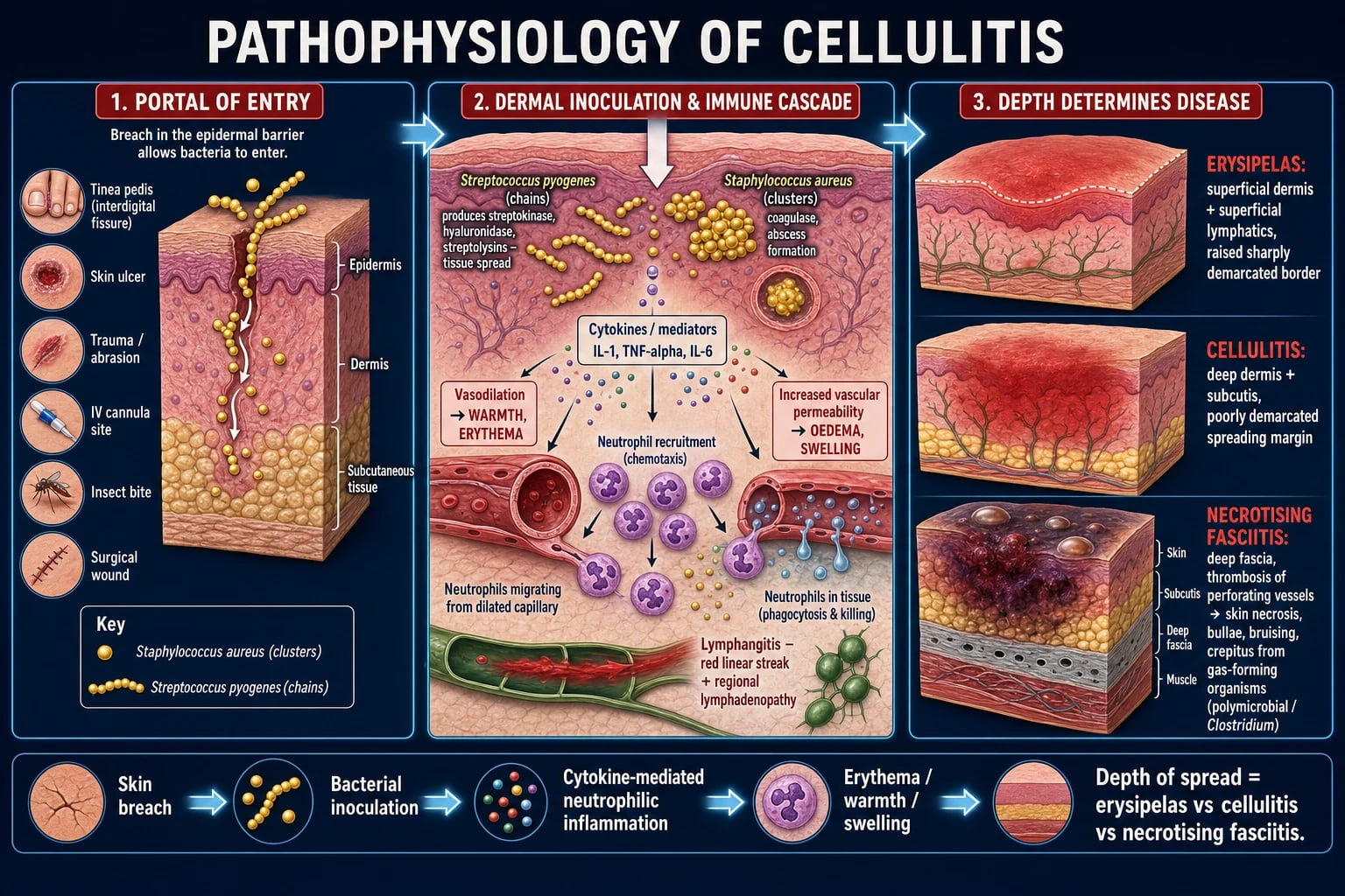 Mechanism infographic: skin portal of entry to dermal bacterial inoculation to cytokine-mediated neutrophilic inflammation to erythema/warmth/oedema; depth of spread distinguishes erysipelas vs cellulitis vs necrotising fasciitis