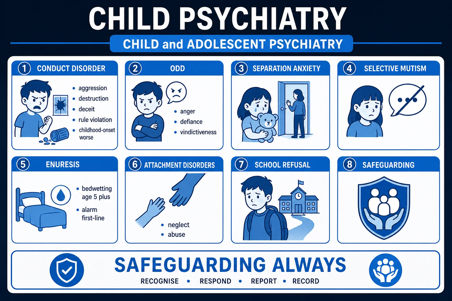 Clean management infographic showing the treatment ladder: parent training for ODD/CD, CBT for anxiety, enuresis alarm, constipation treatment for encopresis, safeguarding, medication as last resort