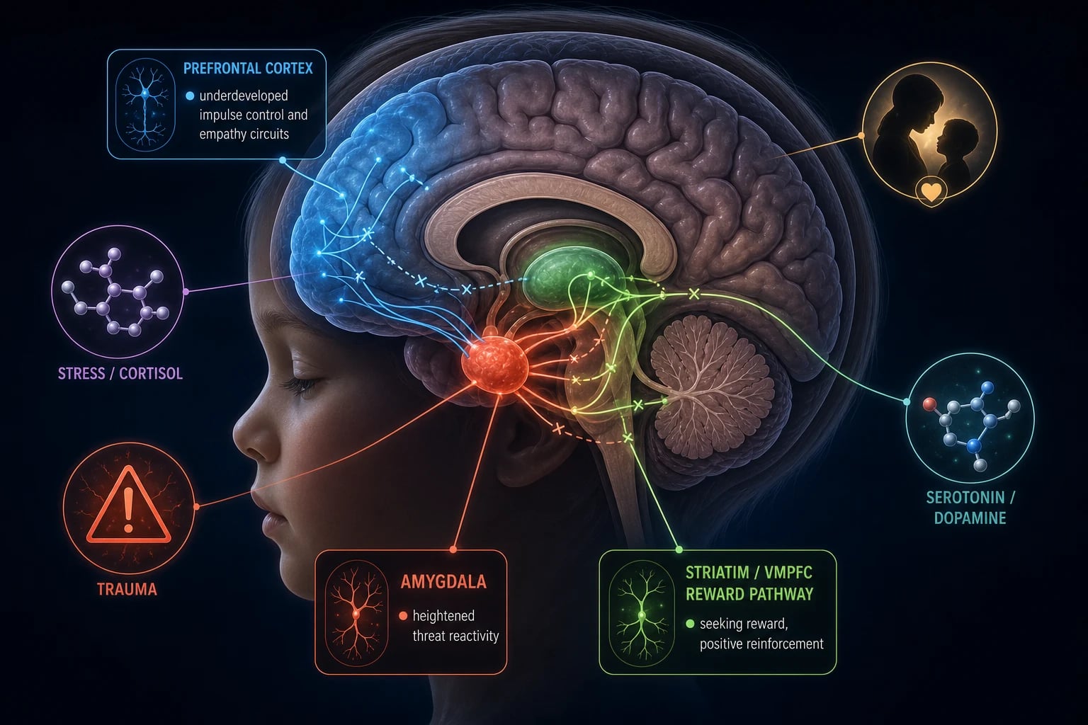 Mechanism infographic: developing child brain with amygdala-prefrontal circuit disruption, HPA axis dysregulation, and environmental factors driving conduct disorder and attachment disorders