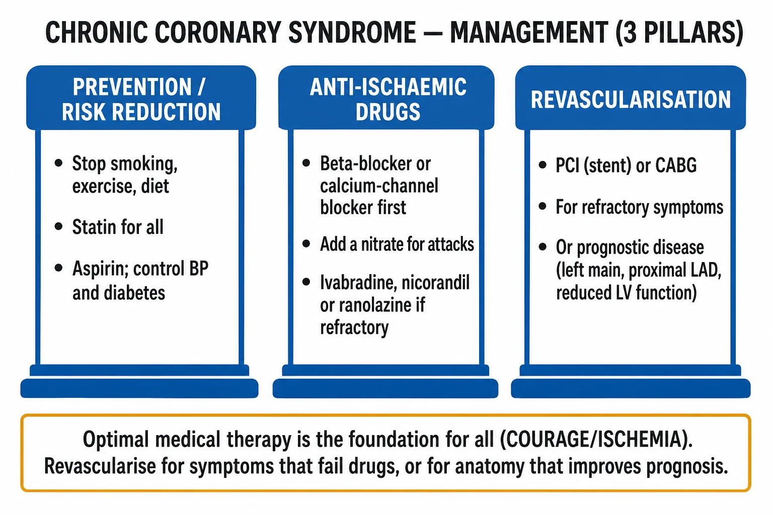 Stepwise management algorithm for chronic coronary syndrome: pre-test probability stratification, functional or anatomical testing, guideline-directed medical therapy (antiplatelet, high-intensity statin, ACE inhibitor where indicated), stepwise anti-anginal therapy (beta-blocker, calcium-channel blocker, long-acting nitrate, add-ons), and FFR-guided revascularisation when indicated