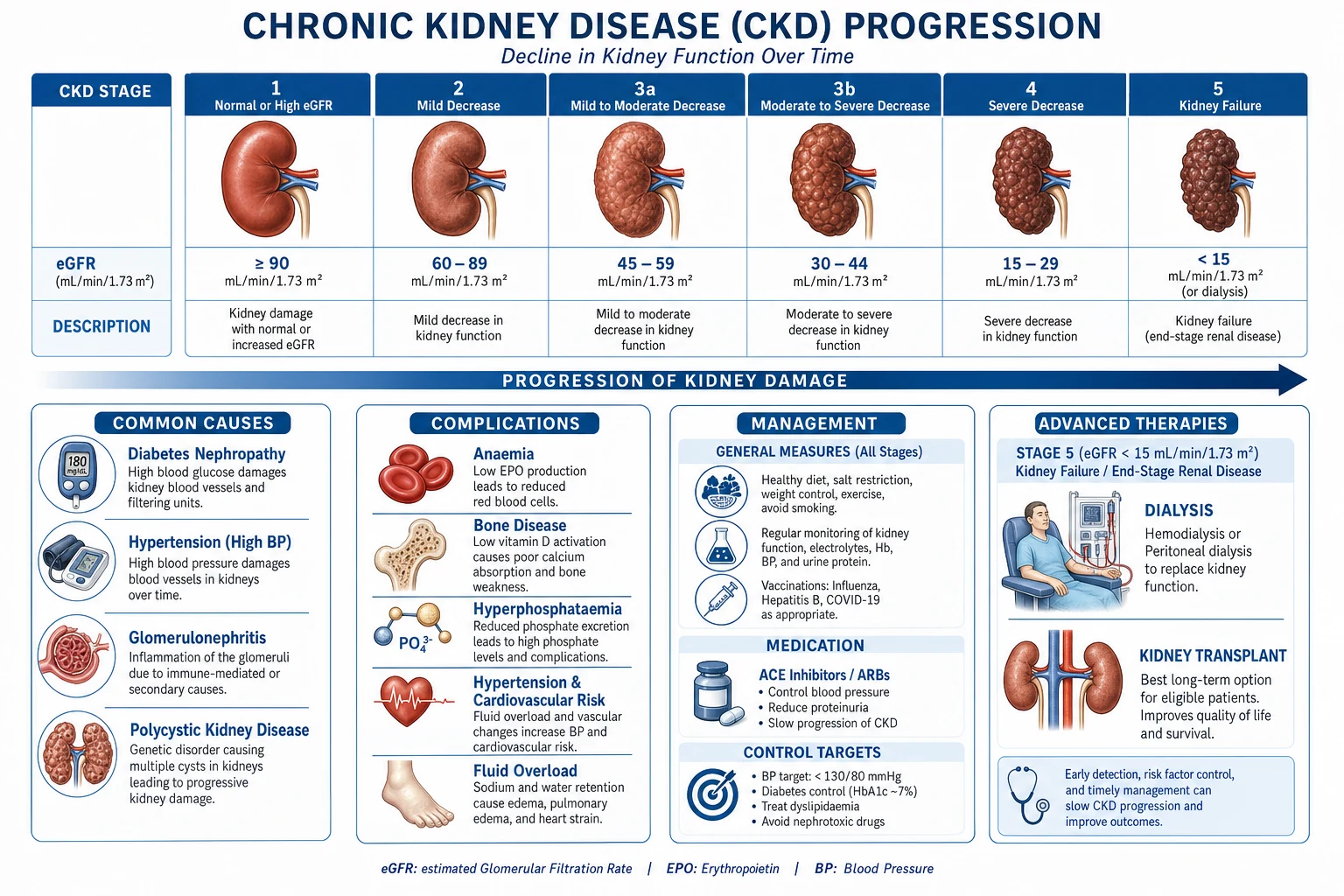 Schematic of the CKD final common pathway: nephron loss leading to hyperfiltration of surviving nephrons, glomerulosclerosis, proteinuria, tubulointerstitial fibrosis, and the systemic complications (anaemia, CKD-MBD, acidosis, hyperkalaemia, fluid overload, cardiovascular disease)