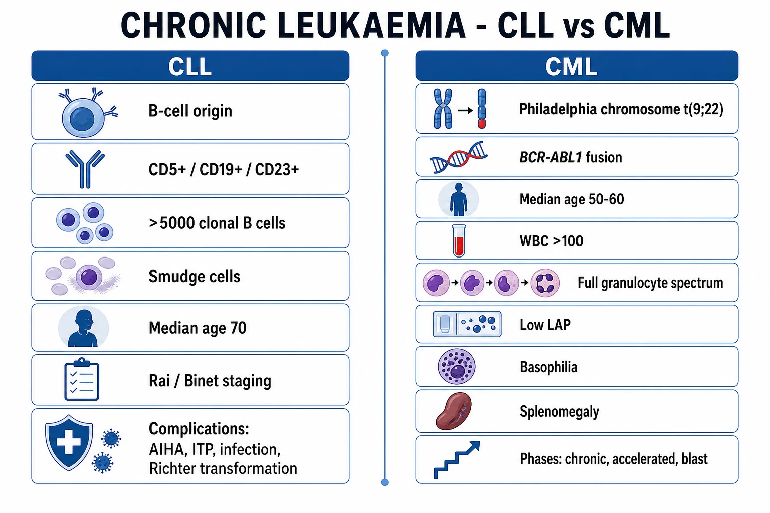 Clean infographic classifying chronic leukaemias: CLL (CD5+ B-cell, Rai/Binet staging) and CML (BCR-ABL1, three disease phases) with rare subtypes hairy cell, T-PLL, LGL, CNL listed at bottom