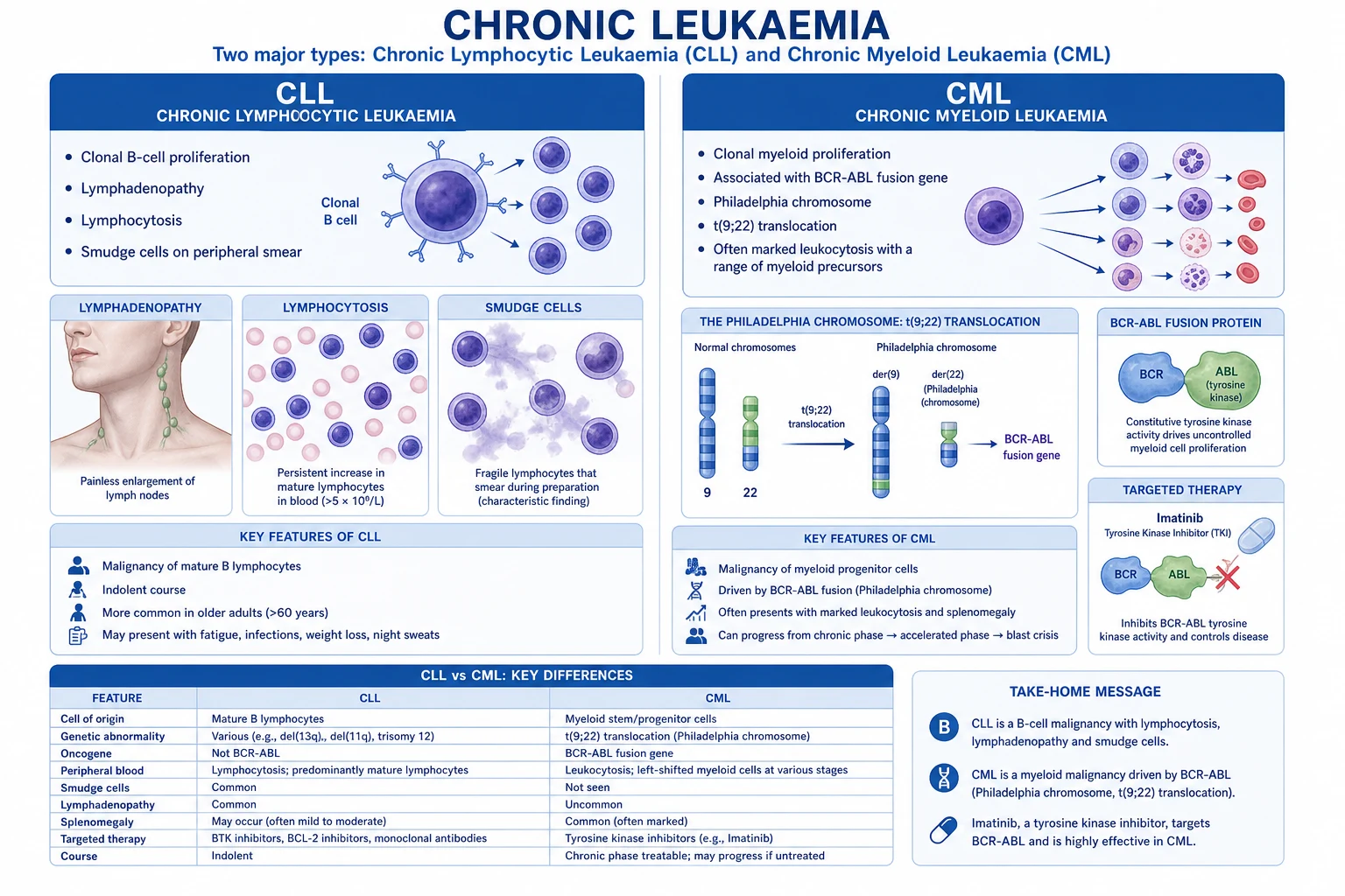 Mechanism infographic: top — CLL with BCL2 over-expression preventing apoptosis, 13q14 miR-15a/16-1 deletion, hierarchical cytogenetic FISH ladder; bottom — CML with t(9;22) translocation forming BCR-ABL1, p210 kinase phosphorylating RAS/MAPK, PI3K/AKT, STAT5, blocked by imatinib