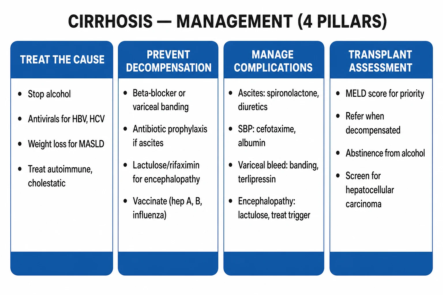 Stepwise management of cirrhosis: treat the cause, primary prophylaxis with NSBB, manage the four decompensation events, escalate to TIPS and liver transplantation