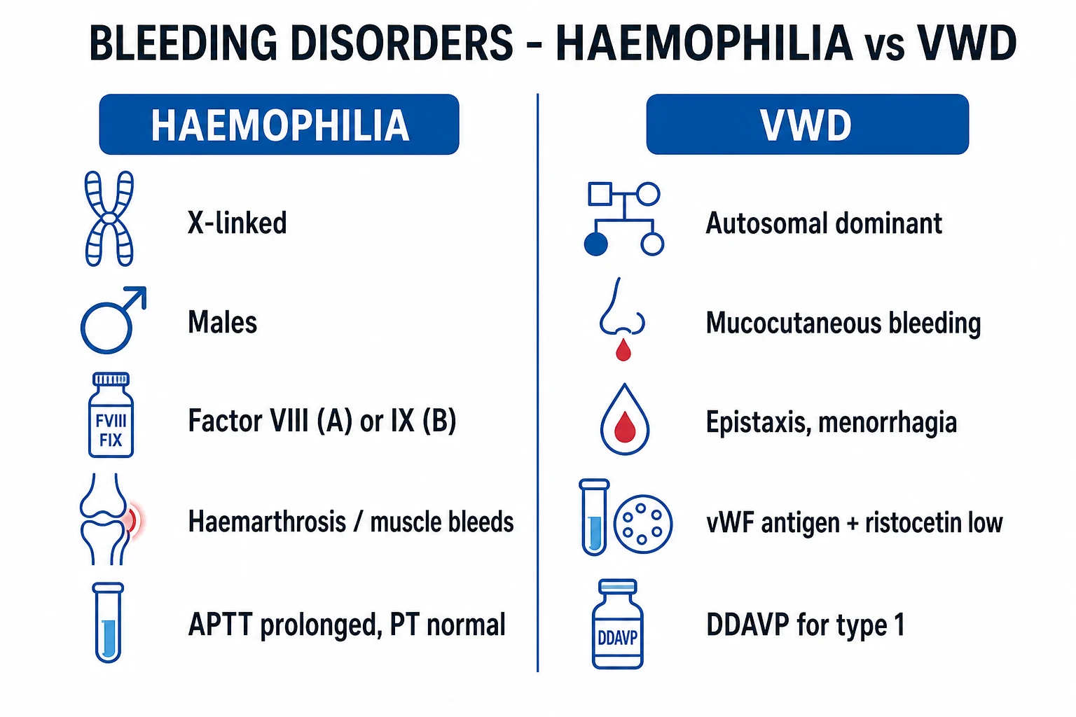 Clean infographic comparing haemophilia A, haemophilia B and the three types of von Willebrand disease with inheritance, gene, and severity