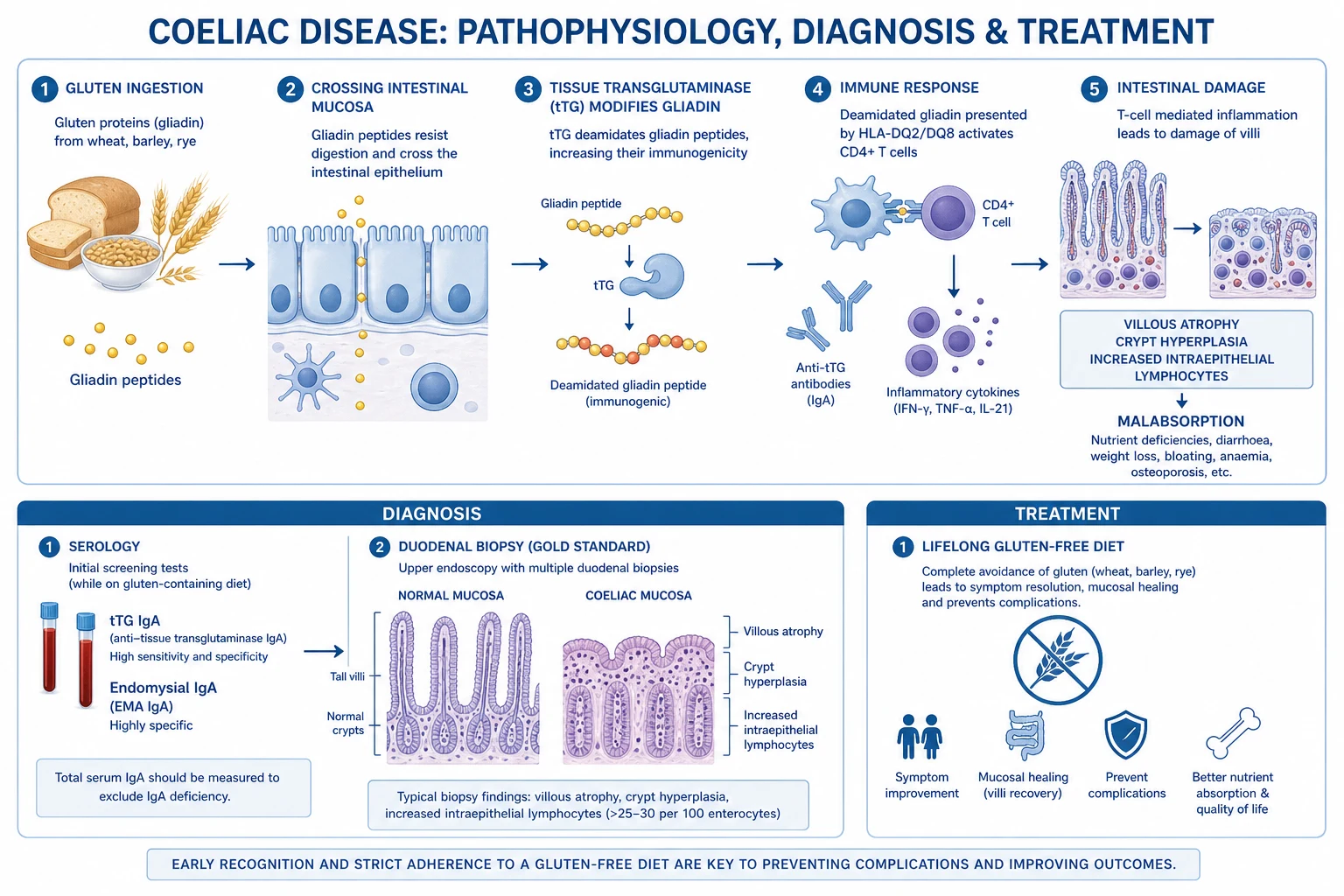 Mechanism infographic: gliadin peptide reaches lamina propria - tTG2 deamidates glutamine to glutamate - deamidated peptide binds HLA-DQ2/DQ8 on APC - CD4 Th1 response (IFN-gamma) drives villous atrophy - B cells produce anti-tTG/EMA antibodies - IL-15 expands IELs and links to EATL