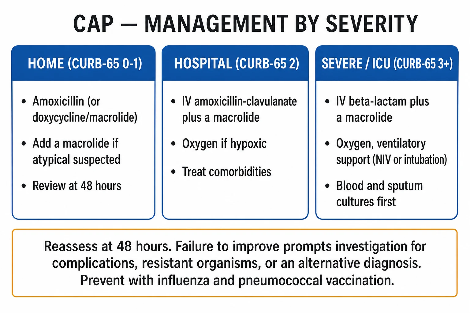 Clean management infographic: empirical antibiotics by CURB-65 severity and setting