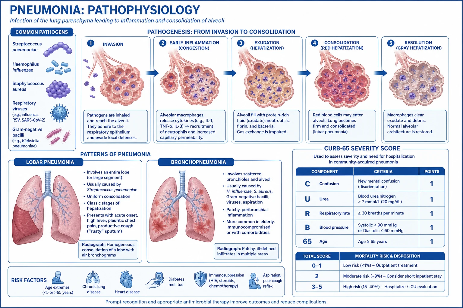 Mechanism infographic: pathogen microaspiration to alveolar macrophage cytokine release to neutrophil exudate consolidation to ventilation-perfusion mismatch hypoxaemia