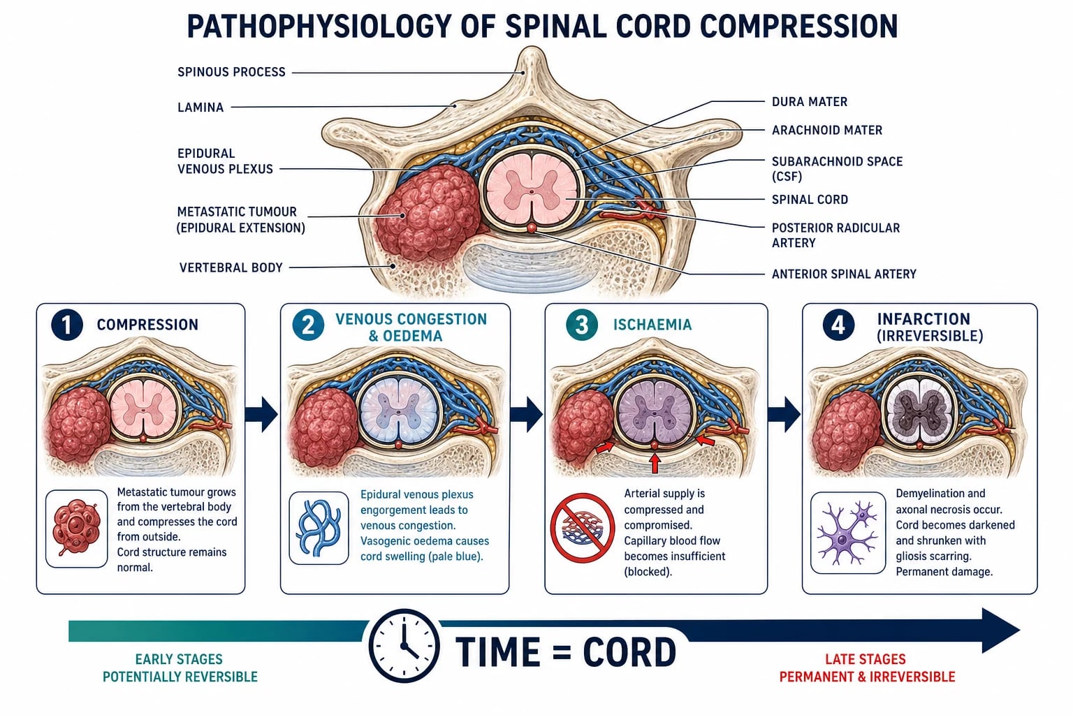 Pathophysiology infographic of traumatic brain injury showing primary injury (coup-contrecoup, diffuse axonal injury, mass lesions) on the left and the preventable secondary-injury cascade (hypoxia, hypotension, ischaemia, excitotoxicity, cerebral oedema, raised ICP, herniation, Cushing's triad) on the right, against a deep navy background
