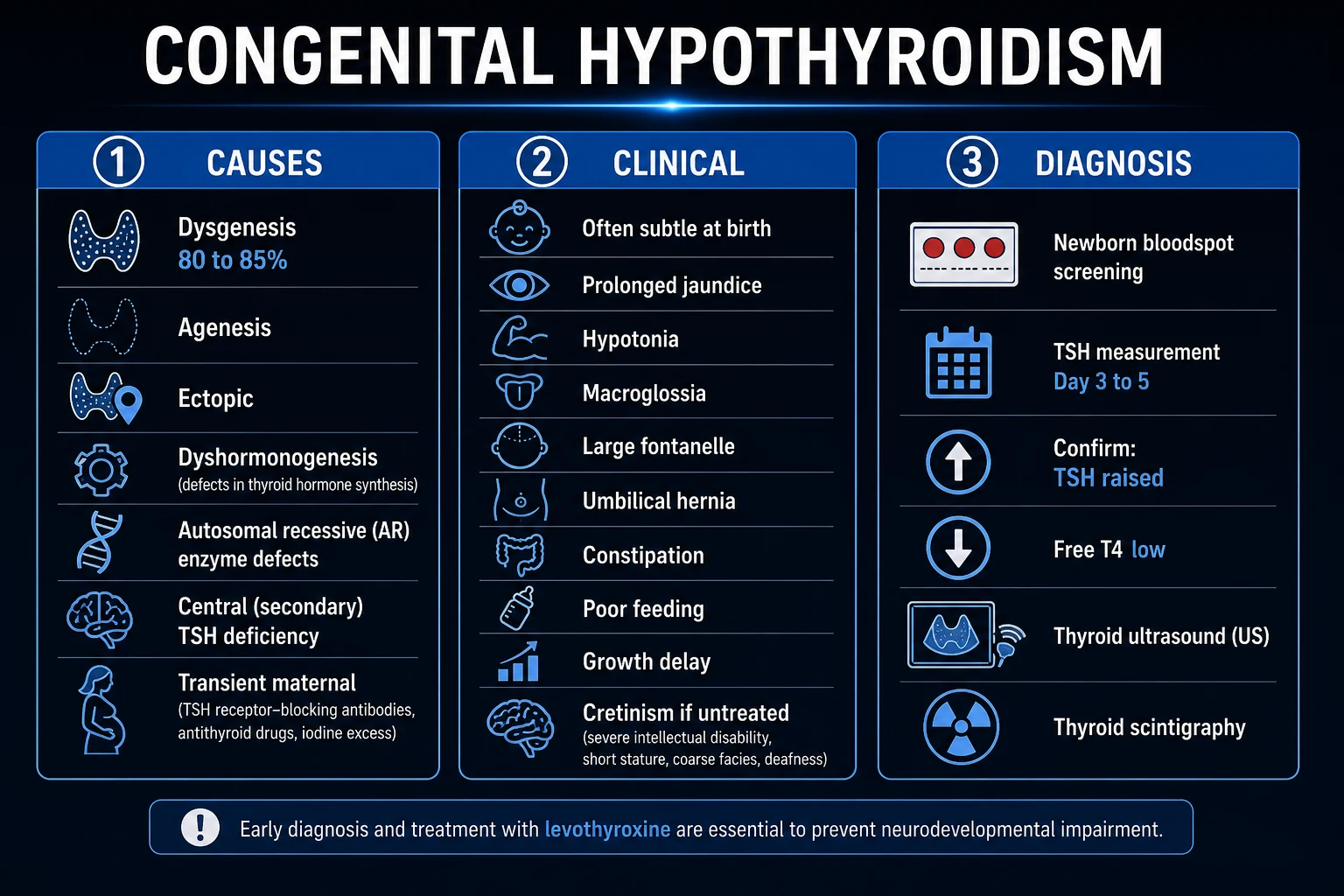 Clean infographic: CH aetiology tree - dysgenesis (ectopic/agenesis/hypoplasia) 80%, dyshormonogenesis 15-20%, transient causes, central CH