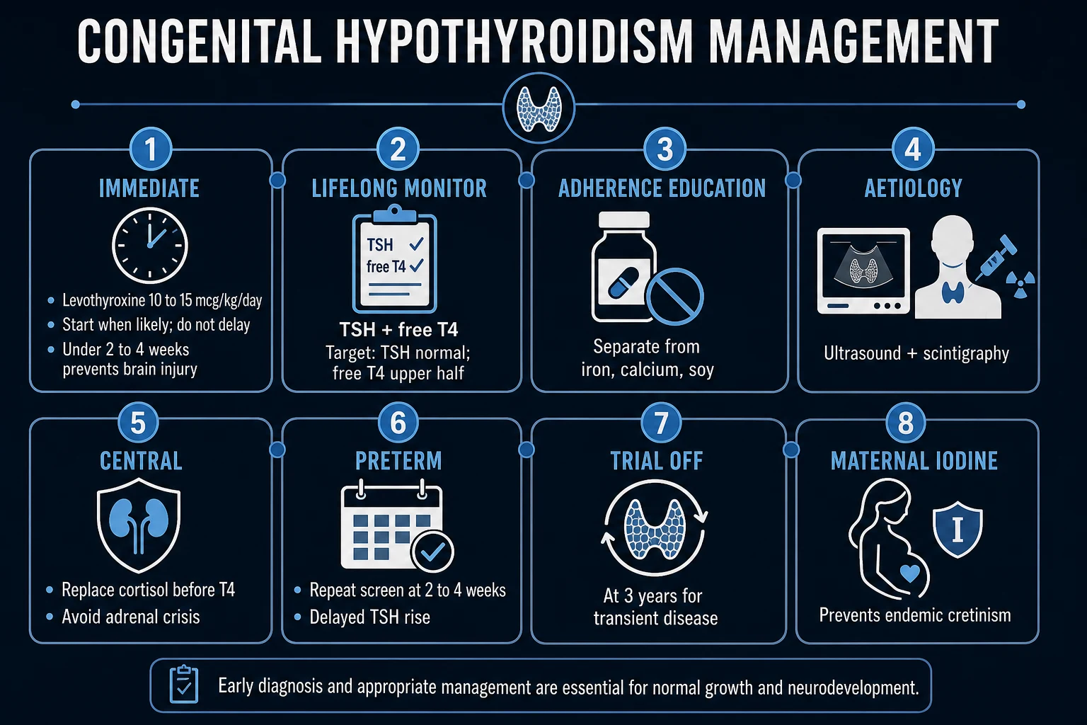 Clean management infographic: confirm venous labs, start levothyroxine immediately, monitor TSH and free T4 through infancy