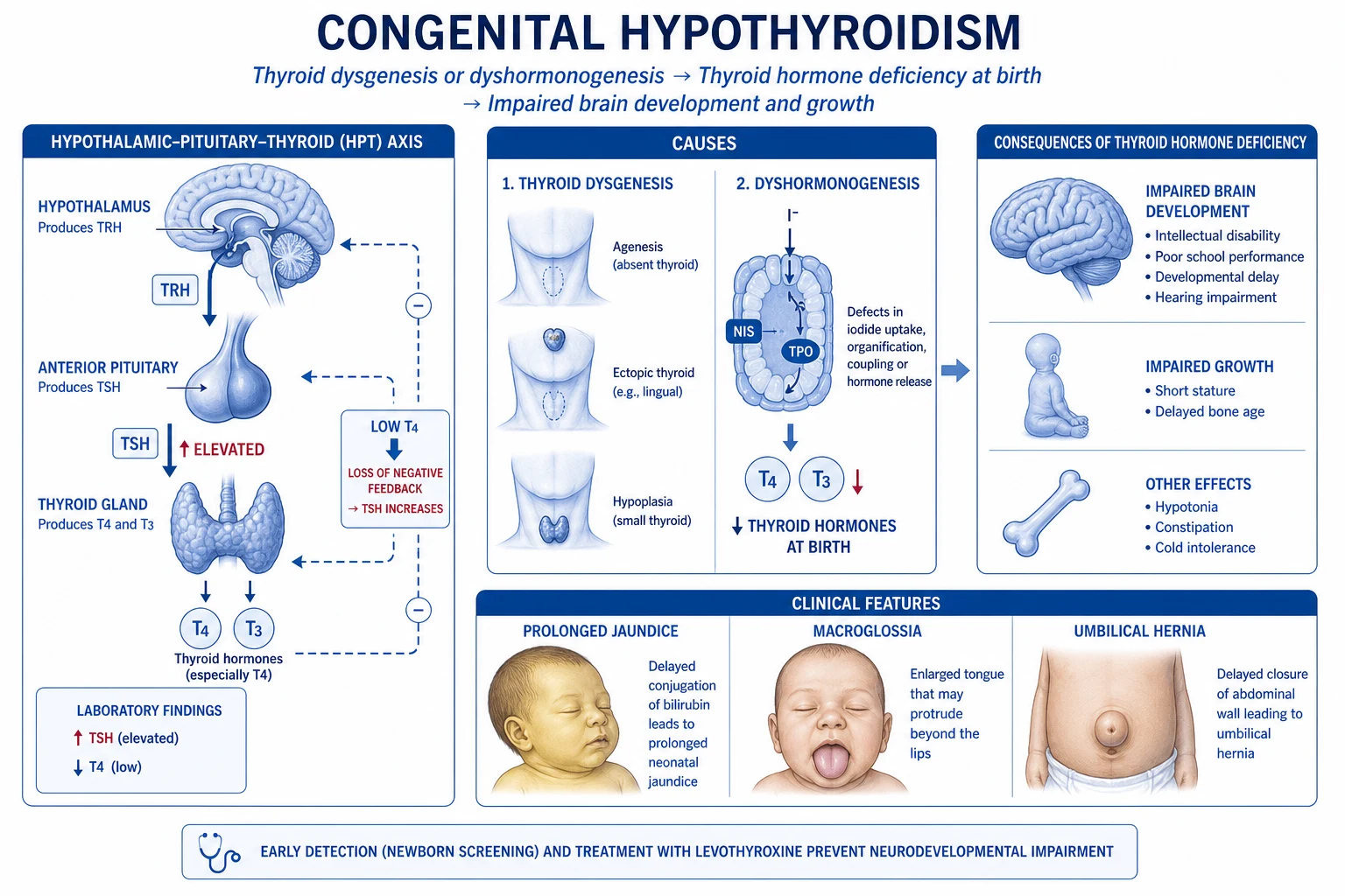 Mechanism infographic: HPT axis with TRH, TSH feedback loop, and the 6 steps of iodide organification labelled with their gene defects (NIS, TPO, TG, DUOX2, DEHAL1), plus brain myelination impact