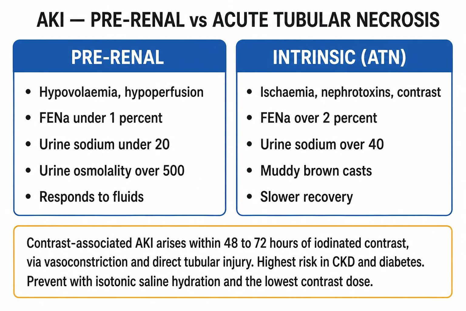 Clean two-column infographic distinguishing pre-renal AKI from acute tubular necrosis, with urine chemistry values