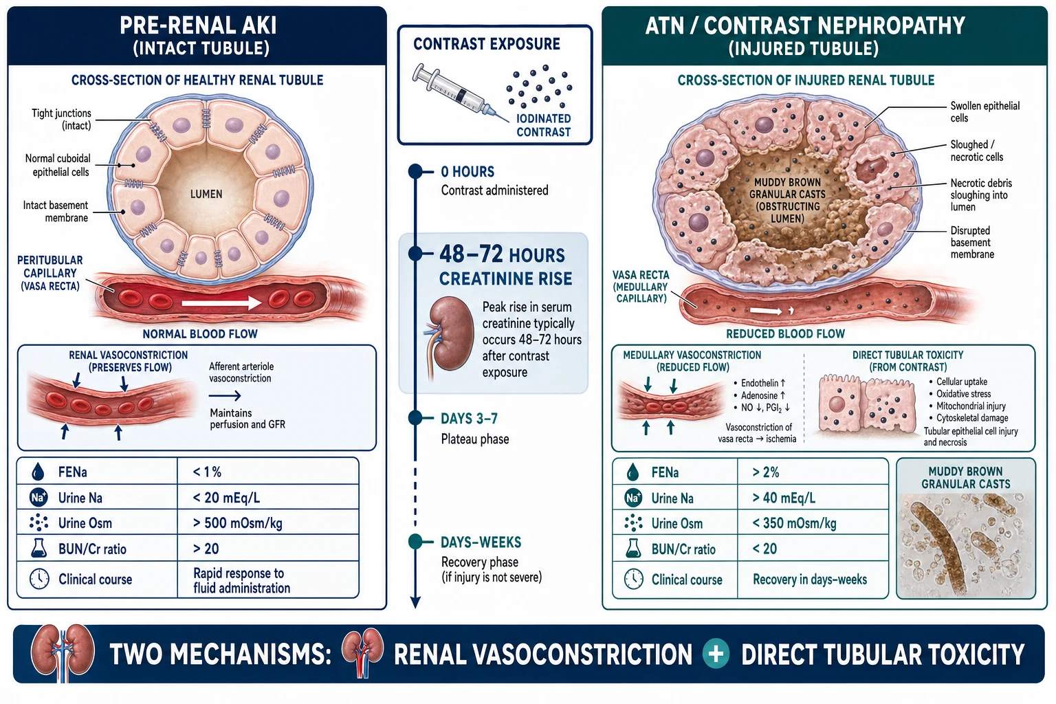 Split-panel medical diagram contrasting pre-renal AKI with intact tubule versus ATN with sloughing cells, muddy casts and contrast-mediated vasoconstriction