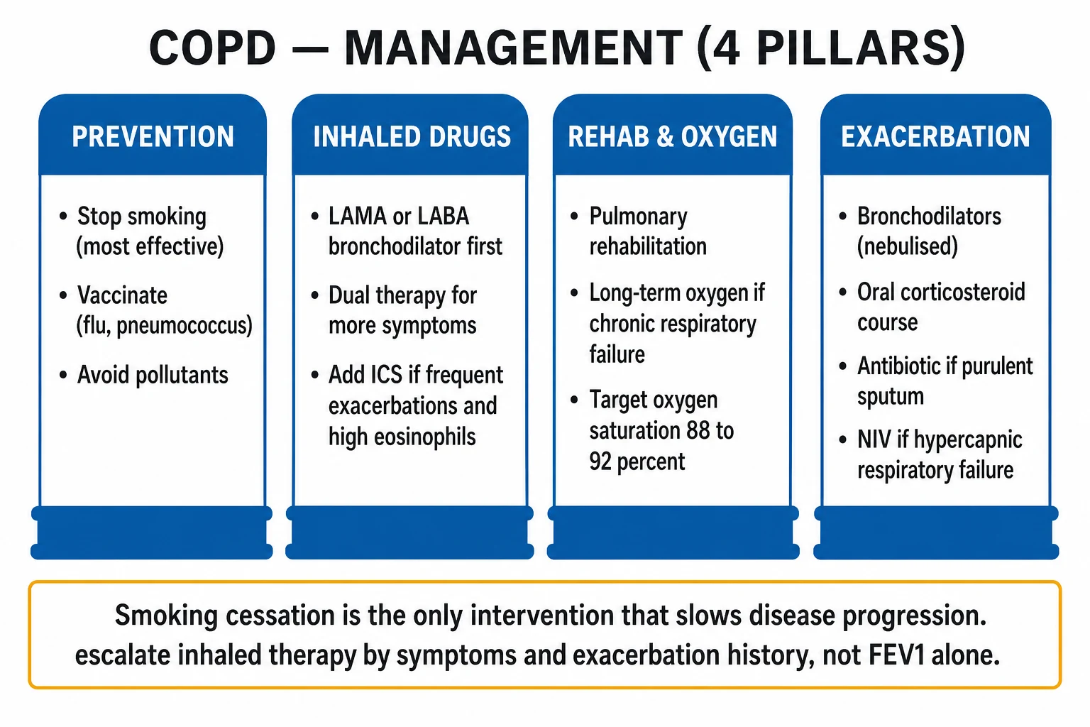 Clean management infographic: stable COPD GOLD ABE pharmacologic ladder with drug classes and doses, plus exacerbation bundle of controlled oxygen, nebs, prednisolone, antibiotics, NIV