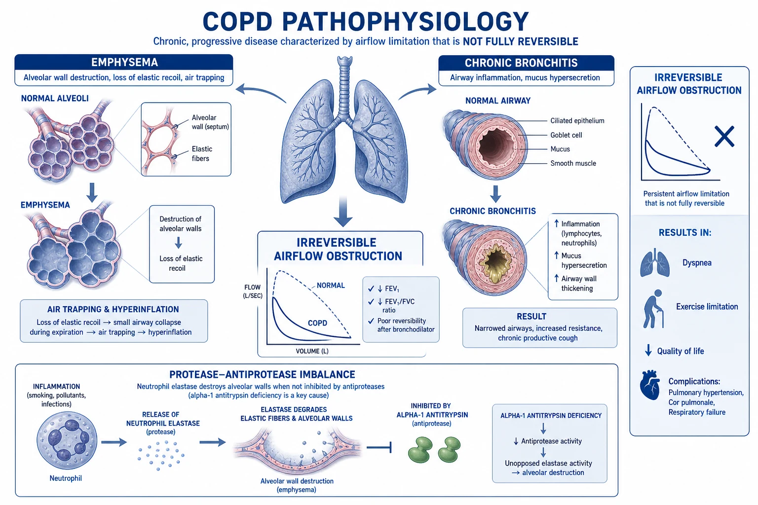 Mechanism infographic: smoke activating macrophages and neutrophils releasing TNF-alpha, IL-8, LT-B4, proteases; small-airway fibrosis; alveolar wall destruction; loss of elastic recoil; air trapping; V/Q mismatch hypoxaemia; pulmonary hypertension
