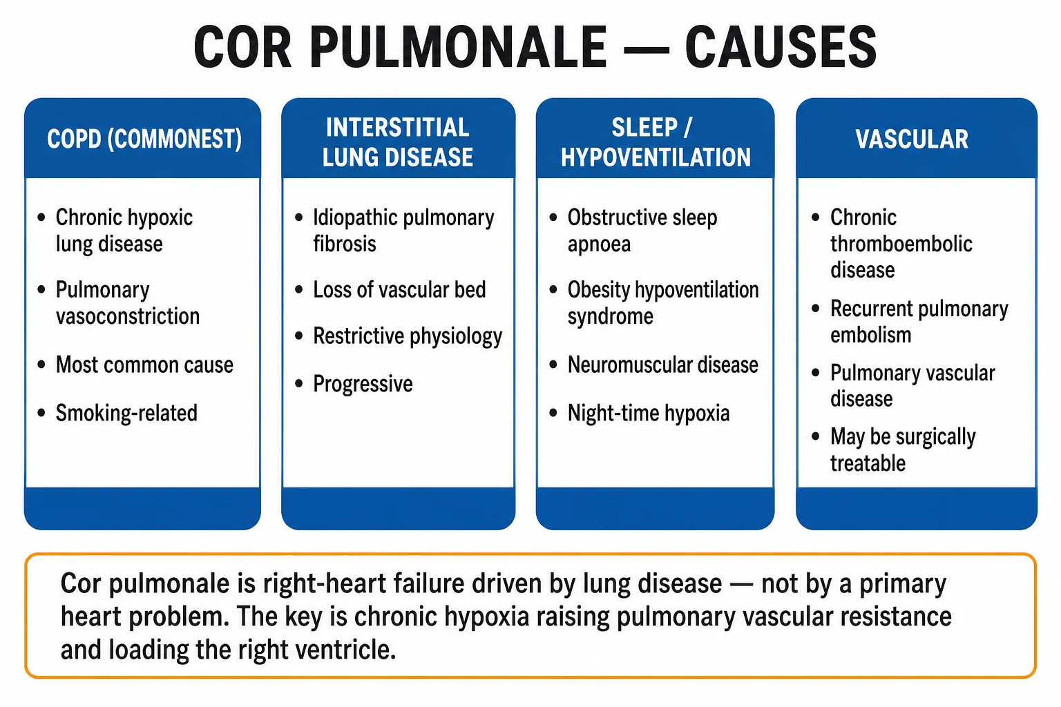 Clean four-pillar infographic of the causes of cor pulmonale