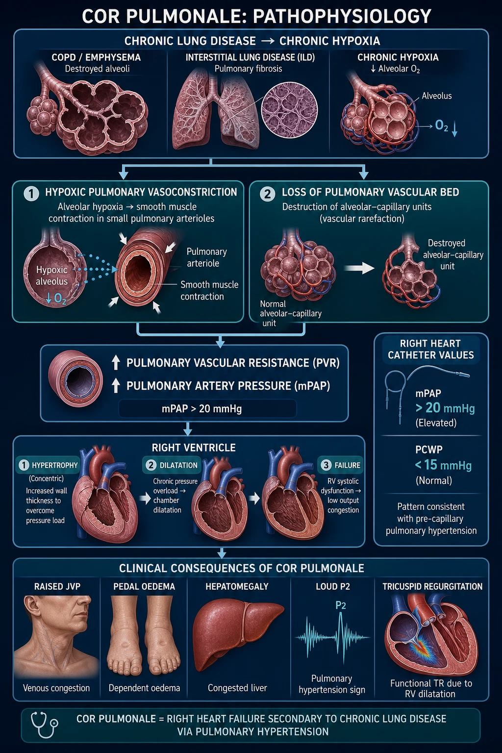 Medical pathophysiology infographic of cor pulmonale showing diseased lungs, hypoxic pulmonary vasoconstriction and loss of vascular bed converging on raised pulmonary vascular resistance, RV hypertrophy then dilatation then failure, with clinical consequences