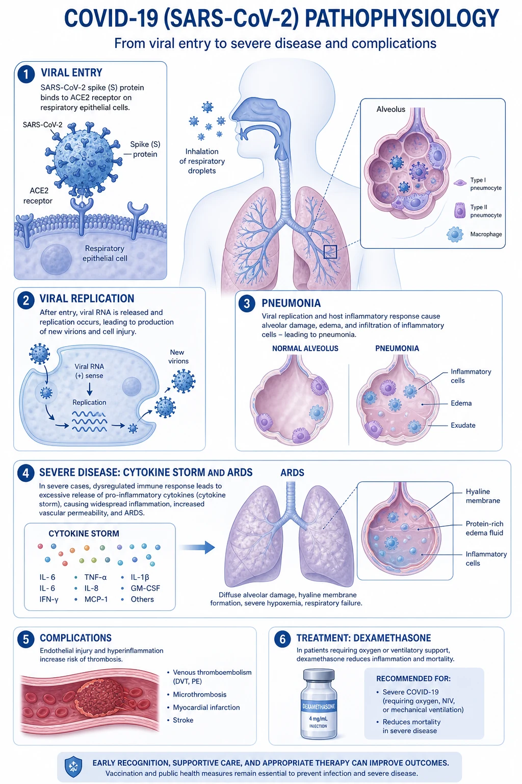 Mechanism infographic: SARS-CoV-2 spike S1 binding ACE2, TMPRSS2 priming S2, viral RNA release, innate interferon blunted, macrophage cytokine storm IL-6/TNF/IL-1, endothelialitis with microthrombi, diffuse alveolar damage with ground-glass opacities, hypoxaemia via V/Q mismatch and shunt