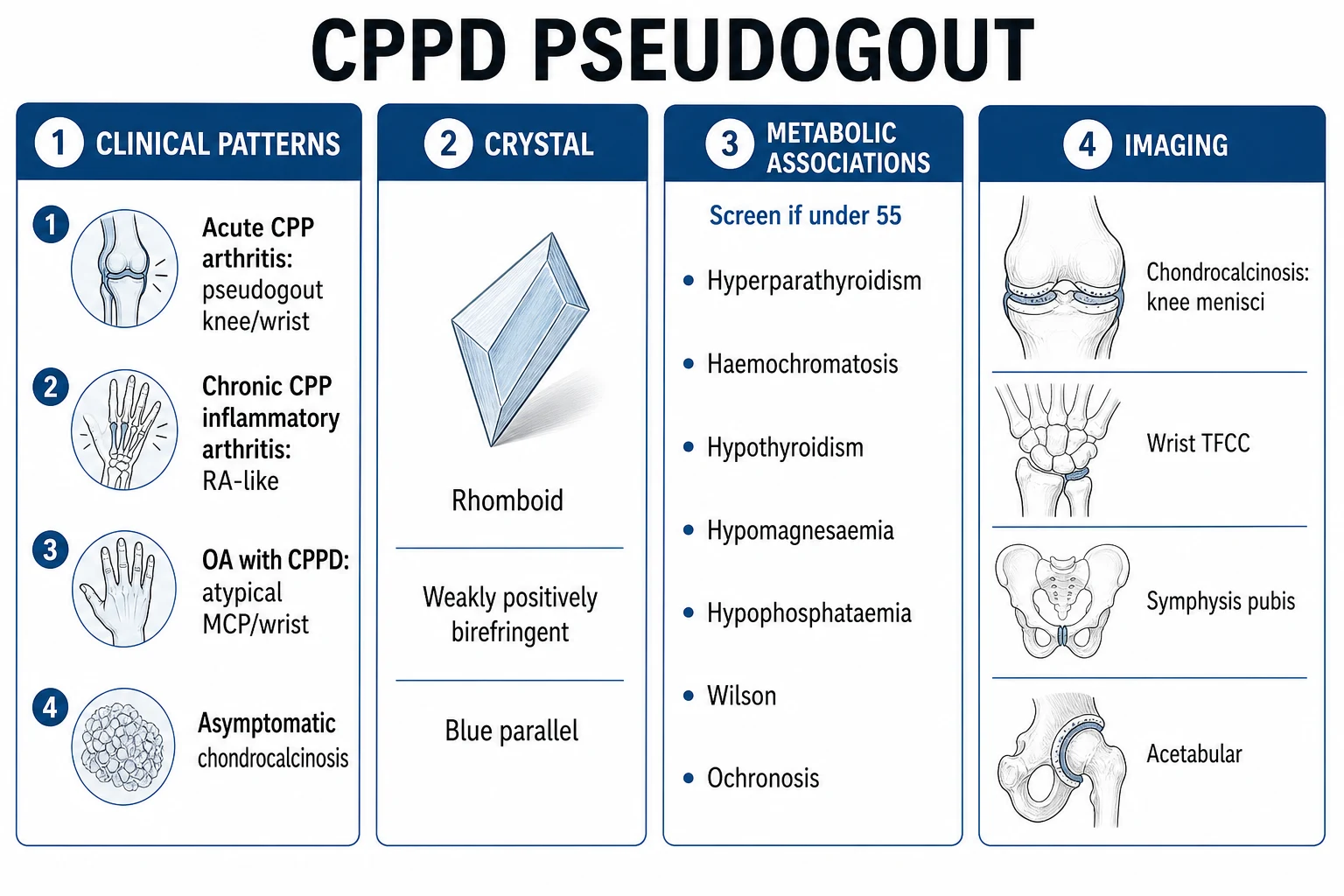 Clean management infographic for CPPD: acute treatment mirroring gout, chronic/recurrent options, prophylaxis, and the metabolic workup