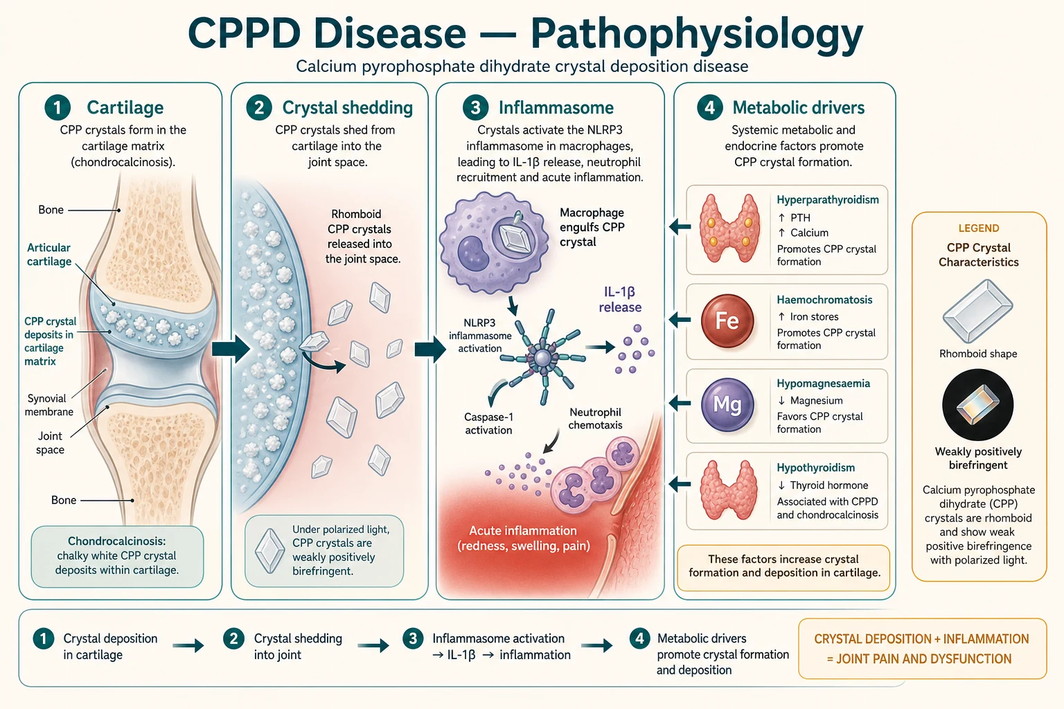 Educational infographic of CPPD pathophysiology in four panels: crystal formation in cartilage, rhomboid crystal shedding into the joint, NLRP3 inflammasome activation releasing IL-1 beta, and metabolic drivers including hyperparathyroidism, haemochromatosis, hypomagnesaemia and hypothyroidism
