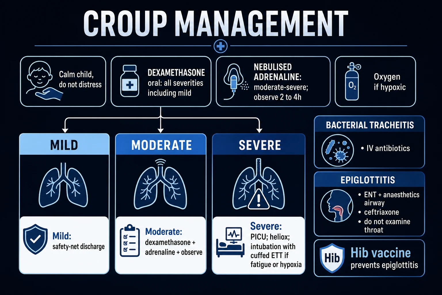 Croup management algorithm: assess severity with the Westley score, dexamethasone for every child, nebulised epinephrine for moderate to severe disease, transient effect requiring observation before discharge
