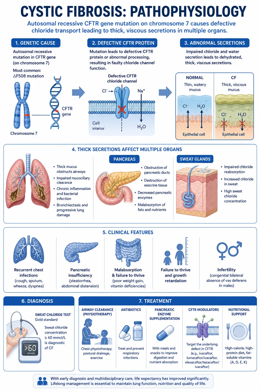 CFTR chloride channel defect — reduced chloride secretion, dehydrated airway surface liquid, mucus plugging, infection and neutrophilic inflammation