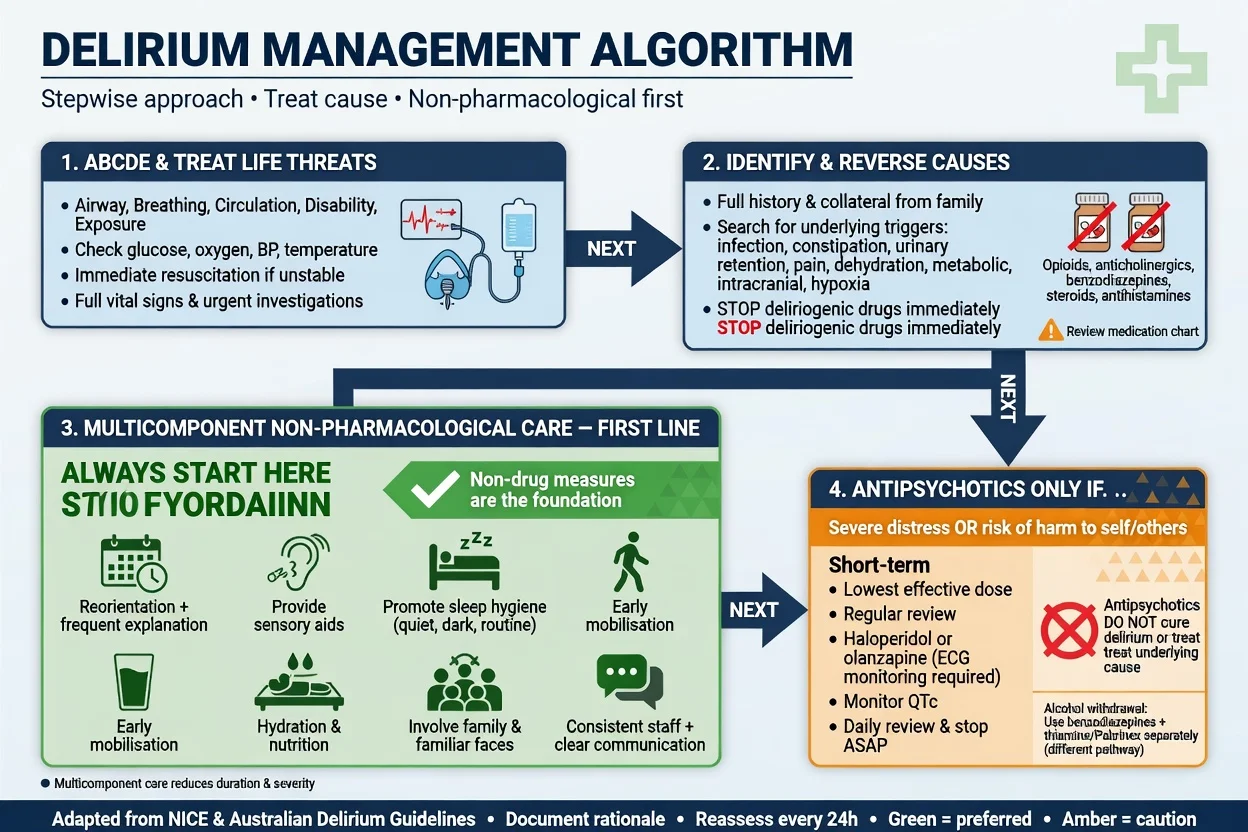 Clean management infographic: stepwise ladder from ABCDE and reversible cause hunt, through non-pharmacological HELP bundle, to low-dose haloperidol for severe agitation; benzodiazepine boxed warning with exceptions