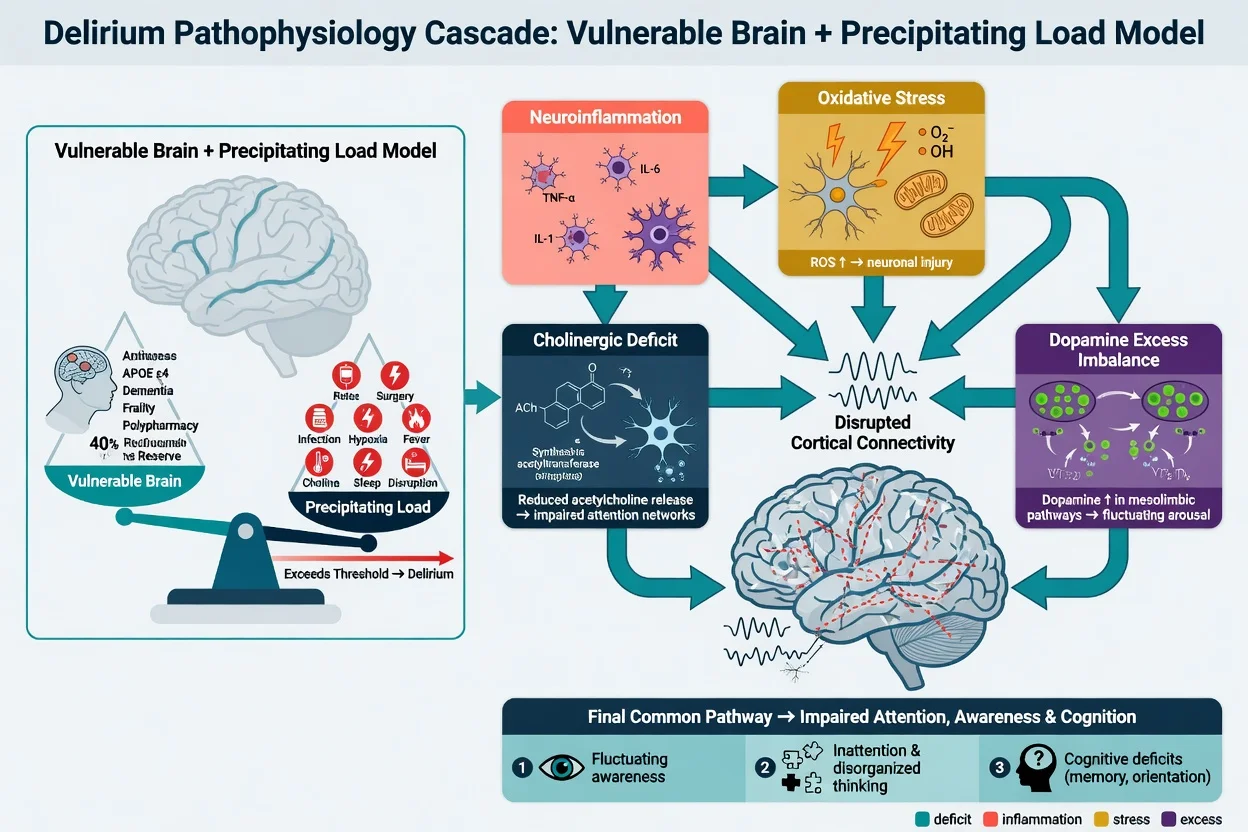 Mechanism infographic: vulnerable brain + systemic stressor converging; cholinergic deficiency and dopaminergic excess as central seesaw; cytokine (IL-1, IL-6, TNF-alpha) crossing blood-brain barrier activating microglia; default-mode network disruption; sleep-wake cycle inversion