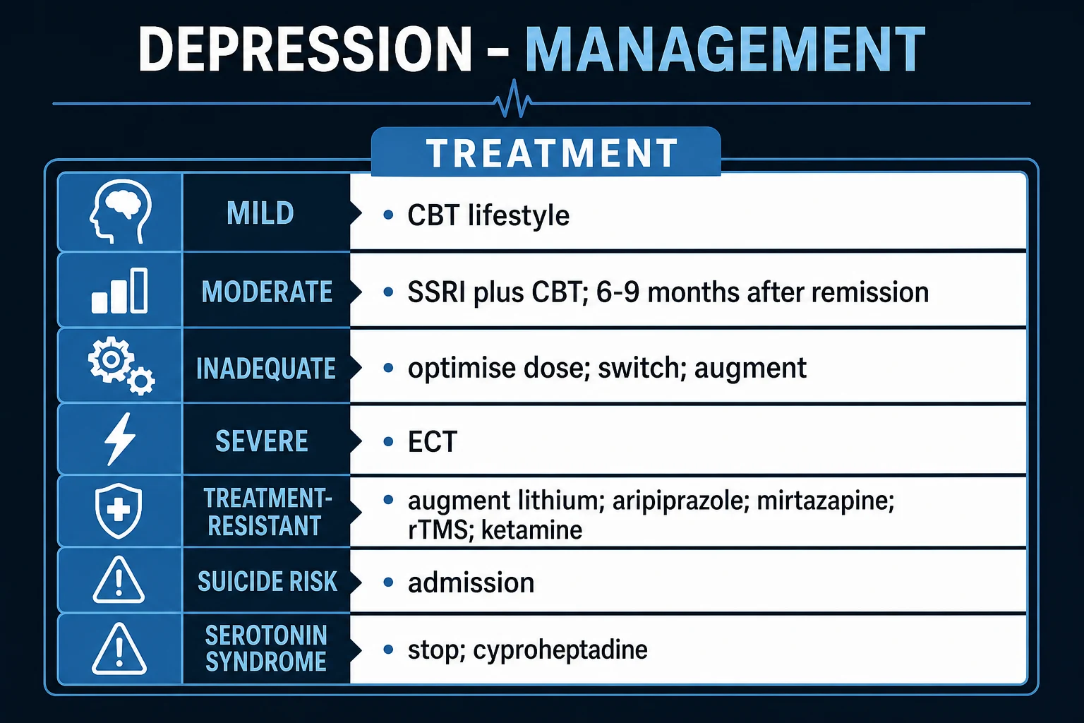 Stepped-care management of depression from low-intensity psychosocial interventions through SSRI plus CBT to ECT and augmentation.
