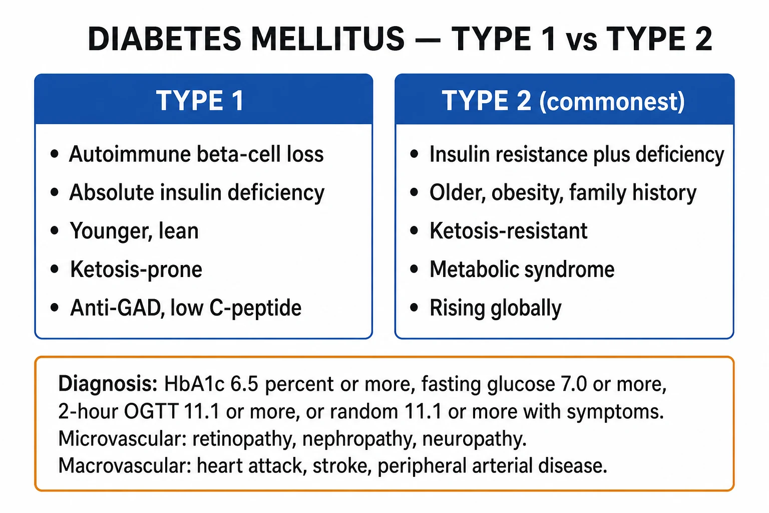 Infographic of diabetes classification — T1DM autoimmune beta-cell destruction, T2DM insulin resistance plus progressive beta-cell failure, gestational, monogenic MODY, LADA, secondary causes