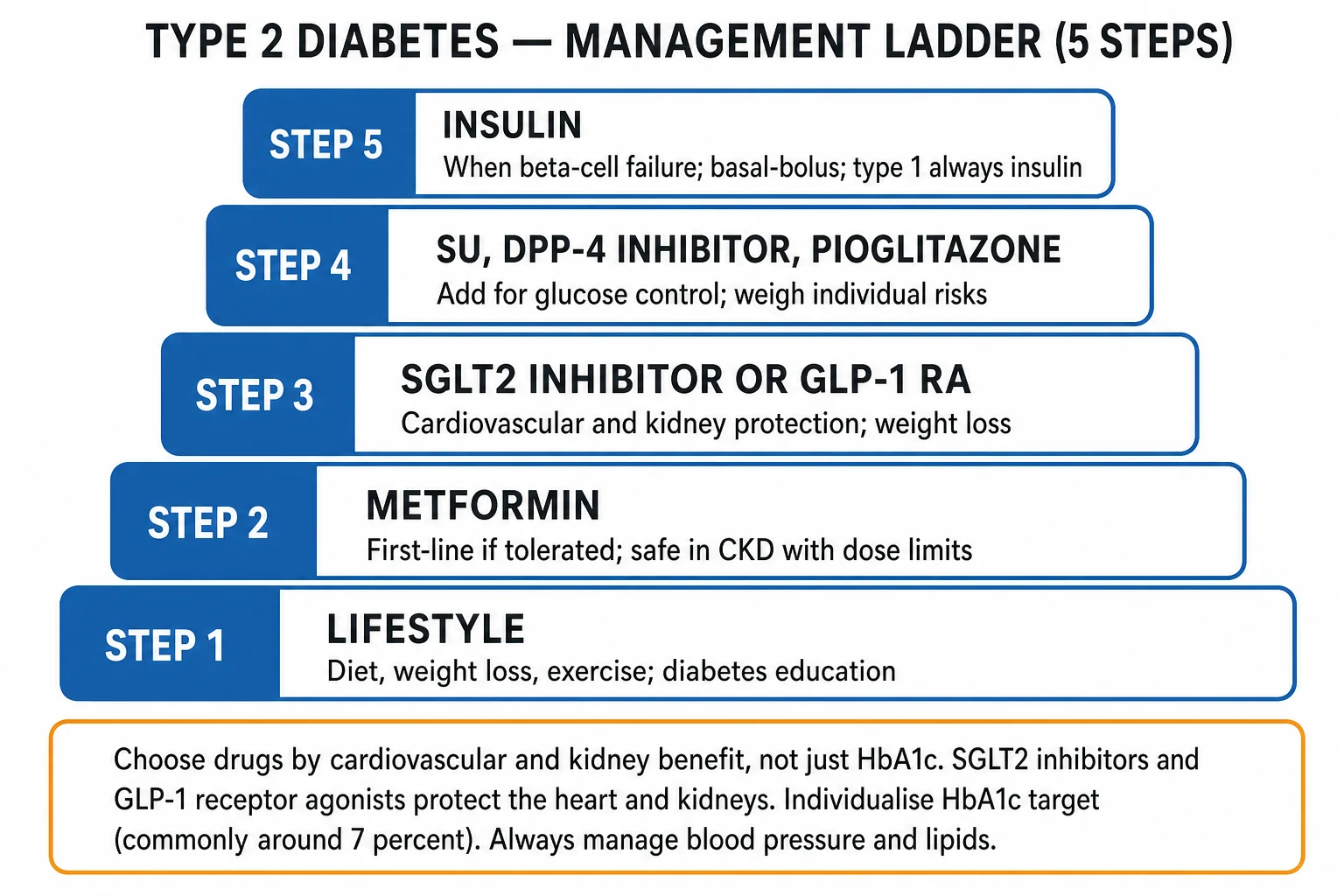 Management algorithm infographic — lifestyle and metformin first-line, comorbidity-driven choice of second agent (GLP-1 RA for ASCVD and obesity, SGLT2i for HF and CKD), then triple oral and insulin
