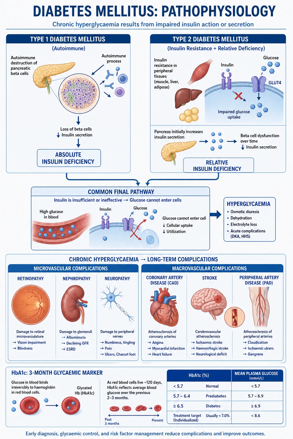 Mechanism infographic showing insulin resistance in muscle, liver and adipose tissue, beta-cell failure in the pancreas, glucotoxicity and lipotoxicity feedback loops, incretin effect and gut-brain-pancreatic axis