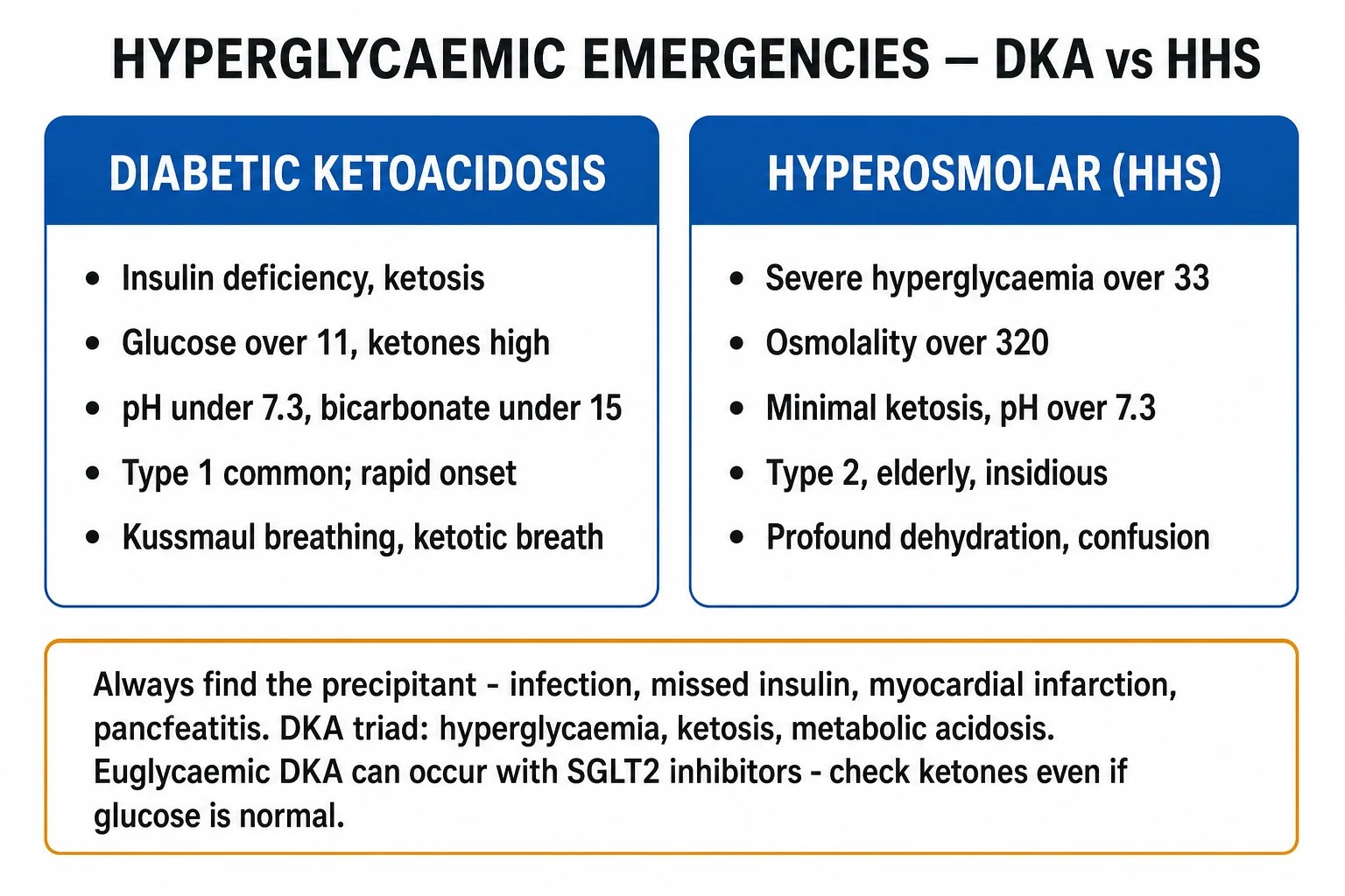Clean infographic comparing DKA vs HHS diagnostic thresholds, the DKA severity bands (mild, moderate, severe), and the mixed / euglycaemic variants