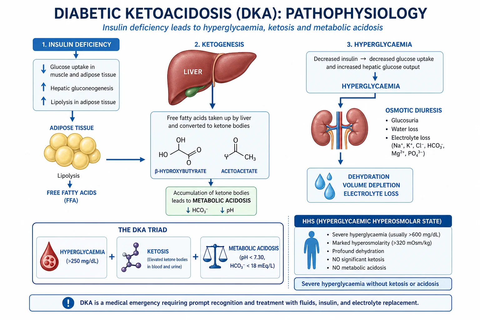 Detailed schematic of DKA pathophysiology: insulin deficiency + counter-regulatory surge → hyperglycaemia (gluconeogenesis, glycogenolysis, no uptake) and ketogenesis (lipolysis, beta-oxidation, HMG-CoA, beta-hydroxybutyrate); osmotic diuresis causing water, Na, K losses; ketoacid consumption of bicarbonate widening anion gap; transcellular K shift