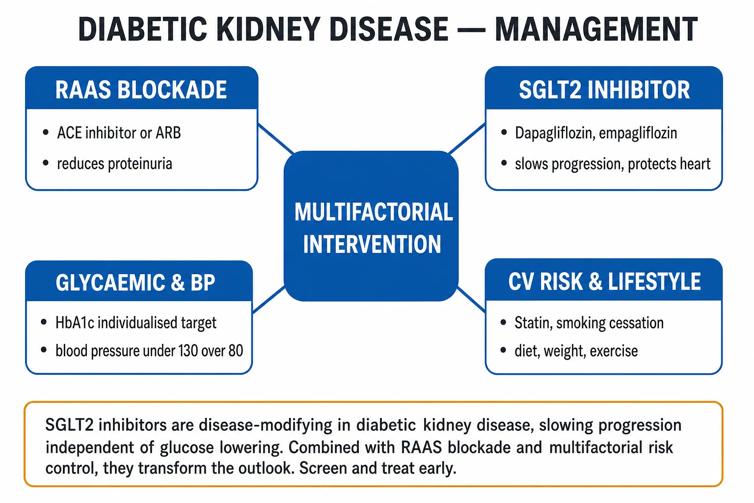 Clean hub-and-satellite infographic of the four-pillar management of diabetic kidney disease: RAAS blockade, SGLT2 inhibitor, finerenone and multifactorial risk reduction arranged around a central glomerulus