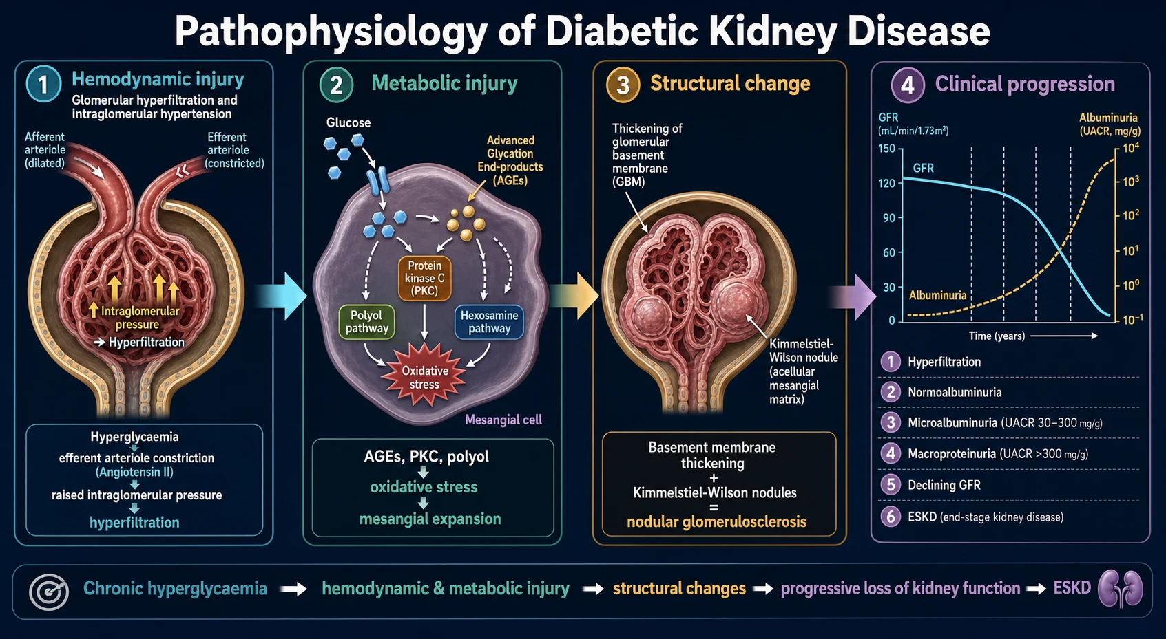 Four-panel medical infographic of the pathophysiology of diabetic kidney disease: haemodynamic injury, metabolic injury with AGEs and PKC, structural change with Kimmelstiel-Wilson nodules, and clinical progression curves of GFR and albuminuria