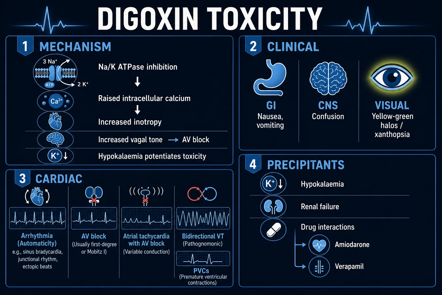 Clean infographic showing the mechanism, clinical features, ECG and arrhythmias, and precipitants of digoxin toxicity