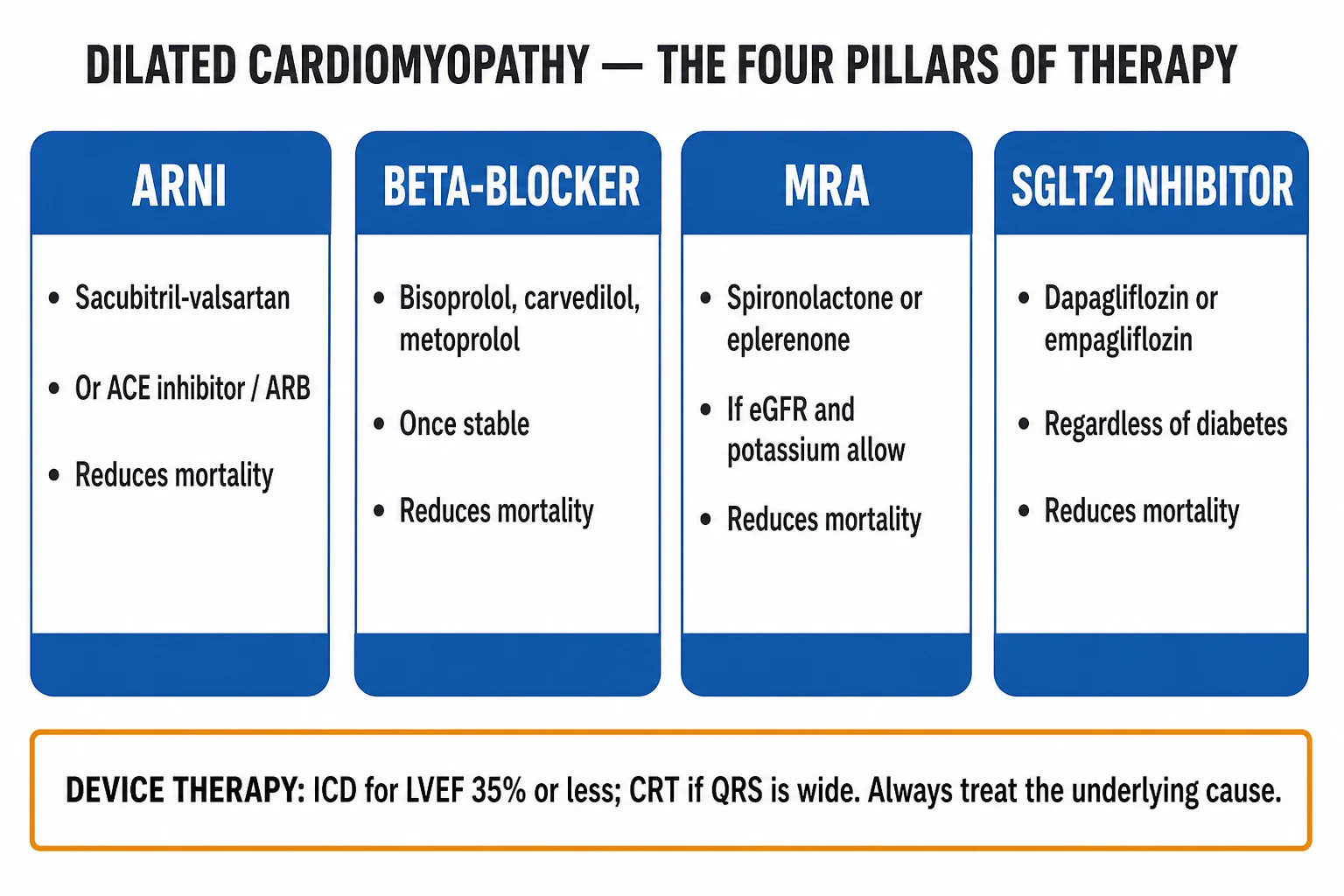 Management infographic showing 4 pillars, device thresholds, anticoagulation, transplant criteria