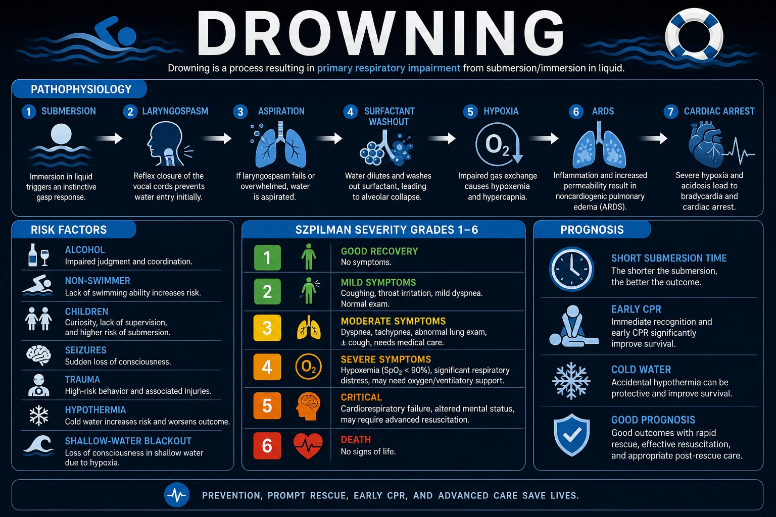 Clean infographic showing drowning pathophysiology cascade, risk factors, and severity grades