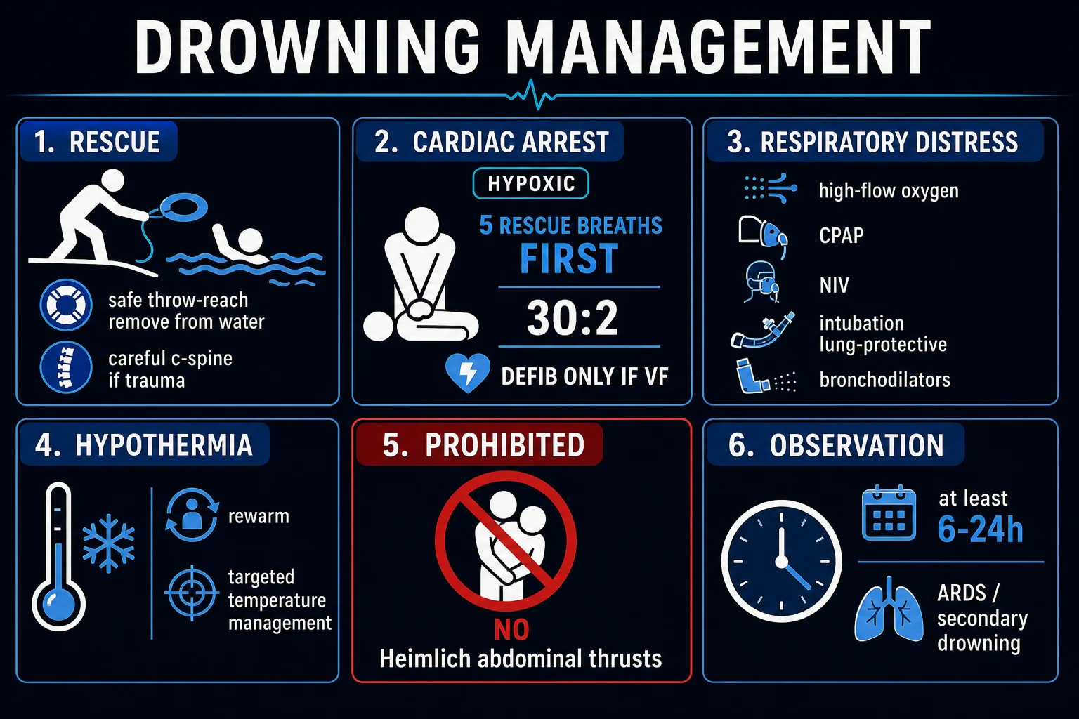 Clean management infographic: rescue, breaths-first CPR, oxygenation ladder, observation, hypothermia rewarming
