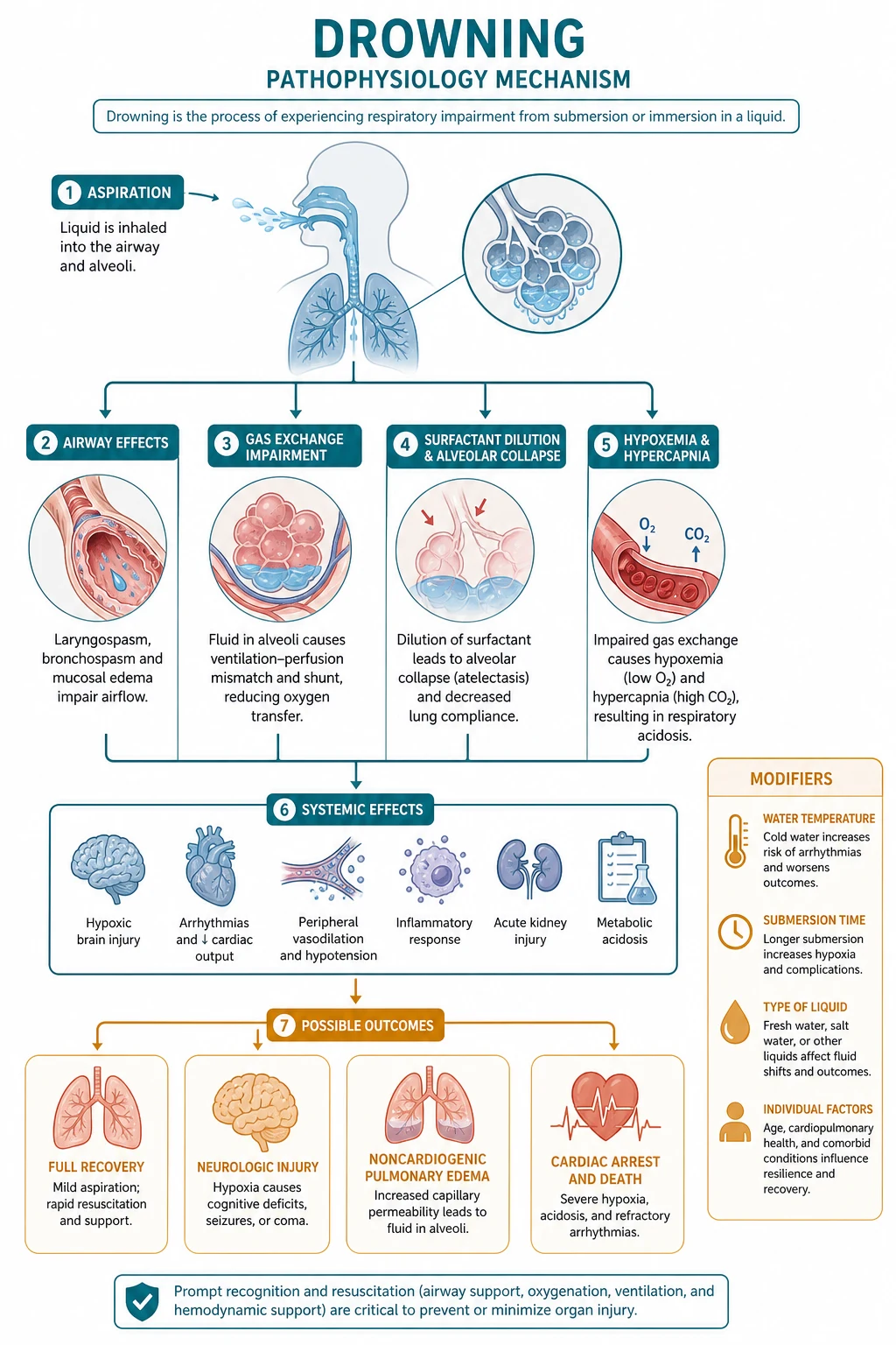 Pathophysiology cascade infographic: submersion to laryngospasm/aspiration to hypoxia to brain injury, ARDS, and asystolic arrest; freshwater vs saltwater panel