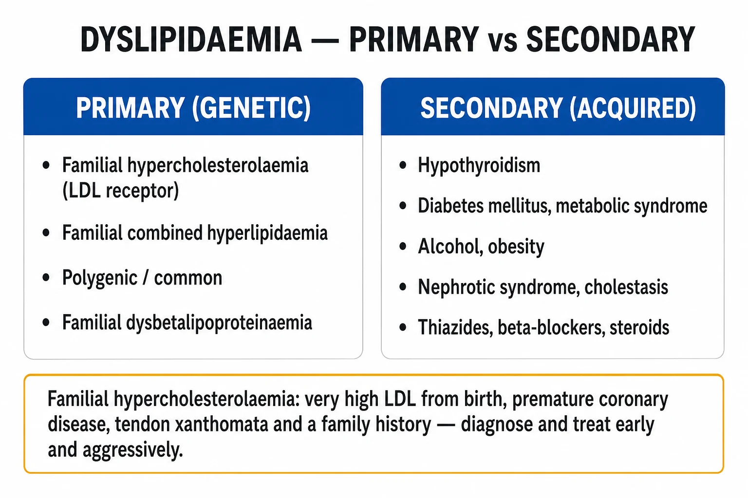 Fredrickson phenotypic classification of dyslipidaemia with corresponding lipoprotein elevations.