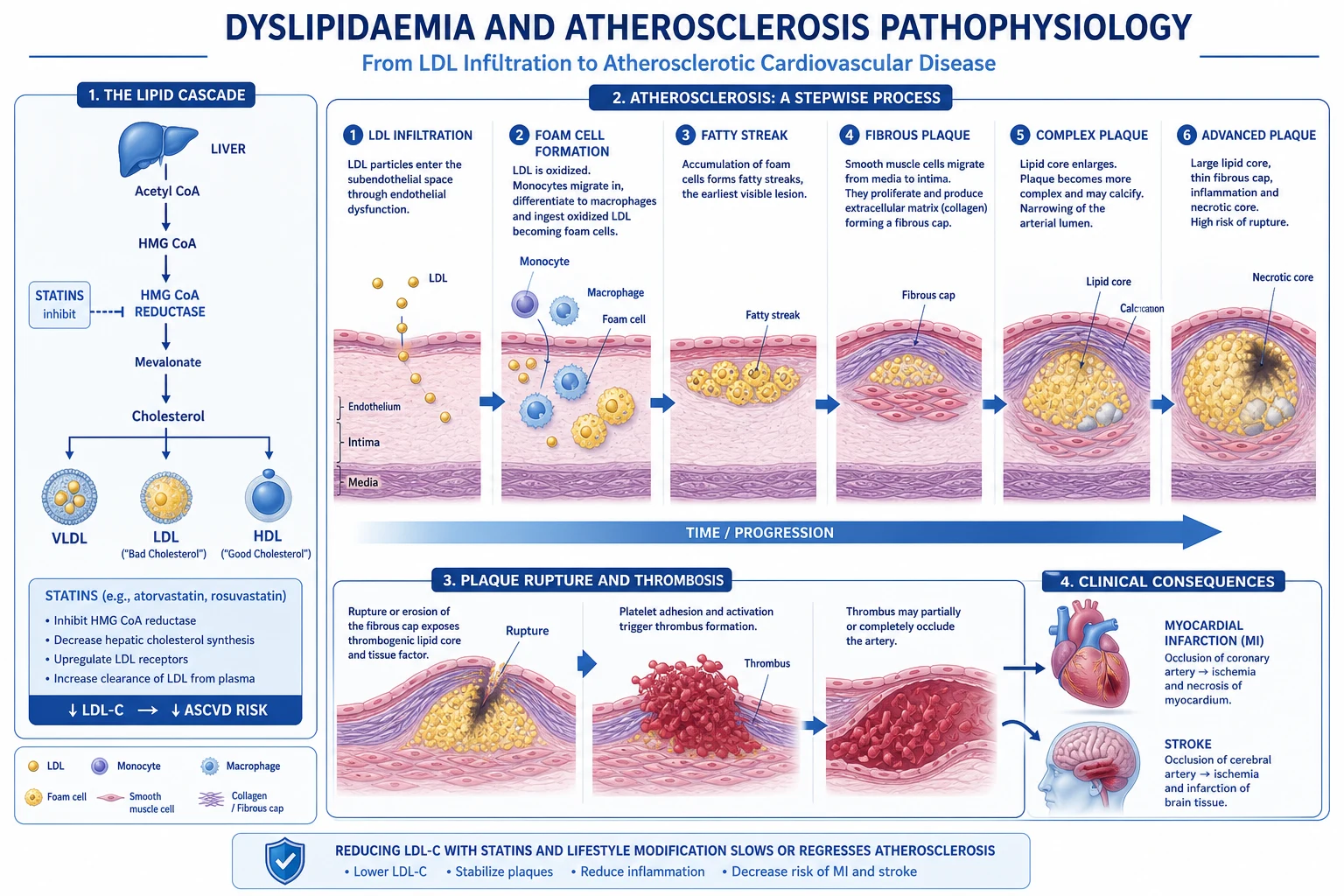 LDL infiltration, foam-cell formation, and vulnerable plaque rupture with thrombosis.