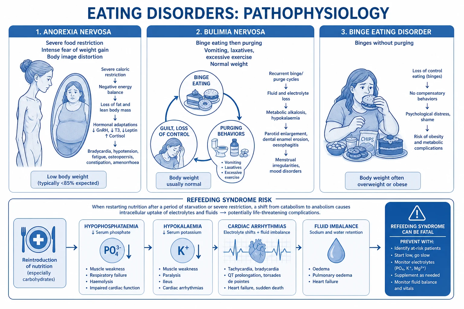 Pathophysiology infographic: bio-psycho-social model with metabolic-psychiatric genetic origin, starvation neuroendocrine axes (HPG suppressed, HPA raised, sick euthyroid, low leptin/IGF-1), reward circuitry (insula, ACC, OFC, striatum) and the Minnesota semi-starvation feedback loop